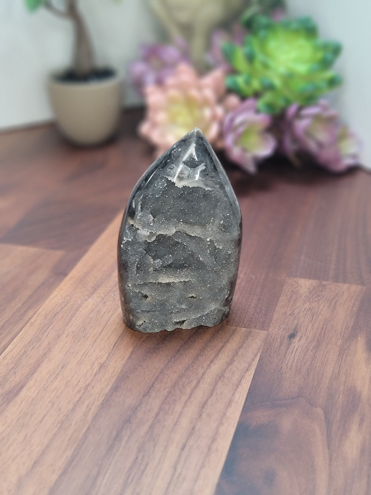 Druzy Sphalerite Flame: Black and Gray Crystal Carving (3.5")