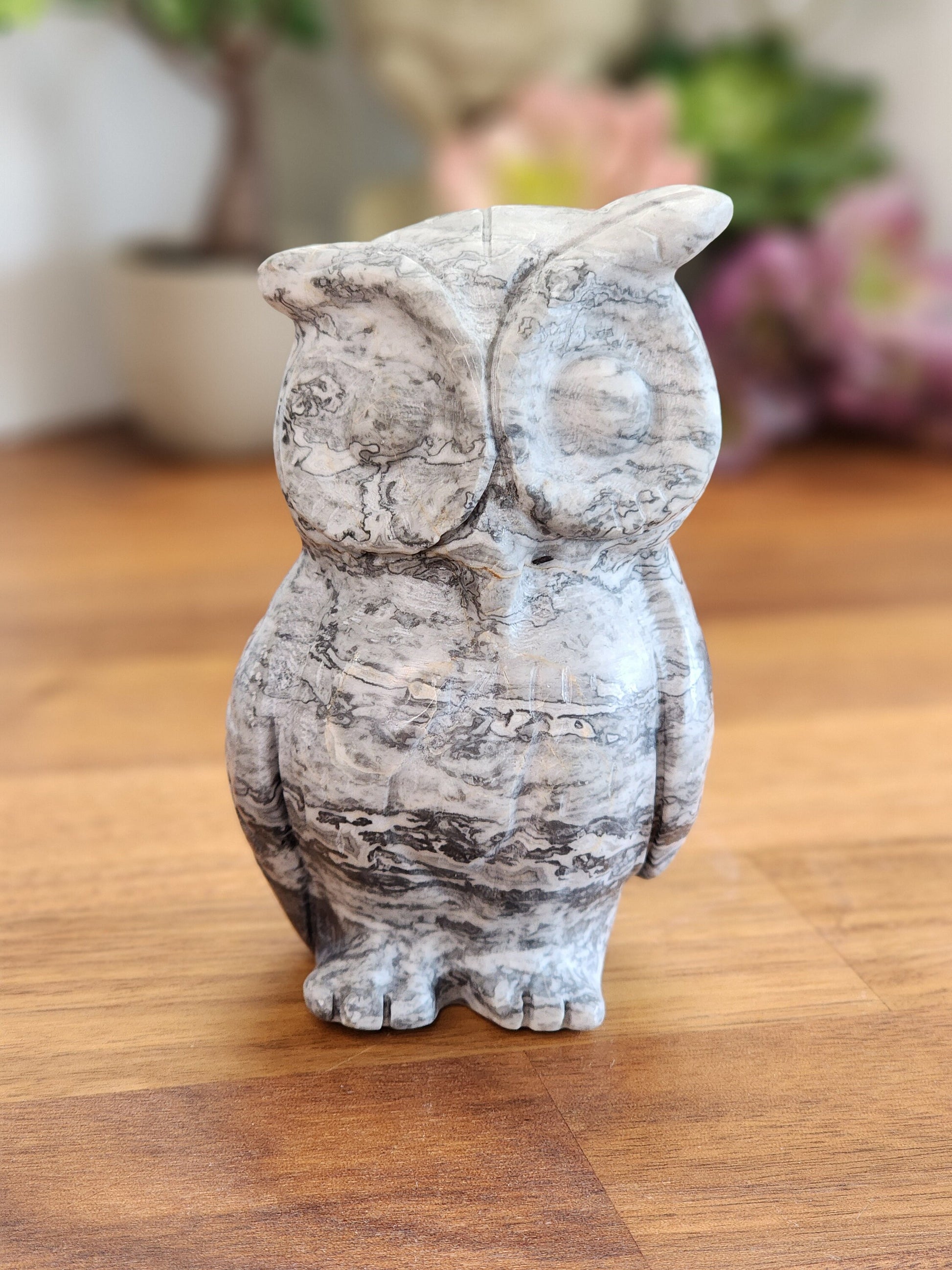 Picasso Jasper Owl Carving: Black & White Crystal Decor