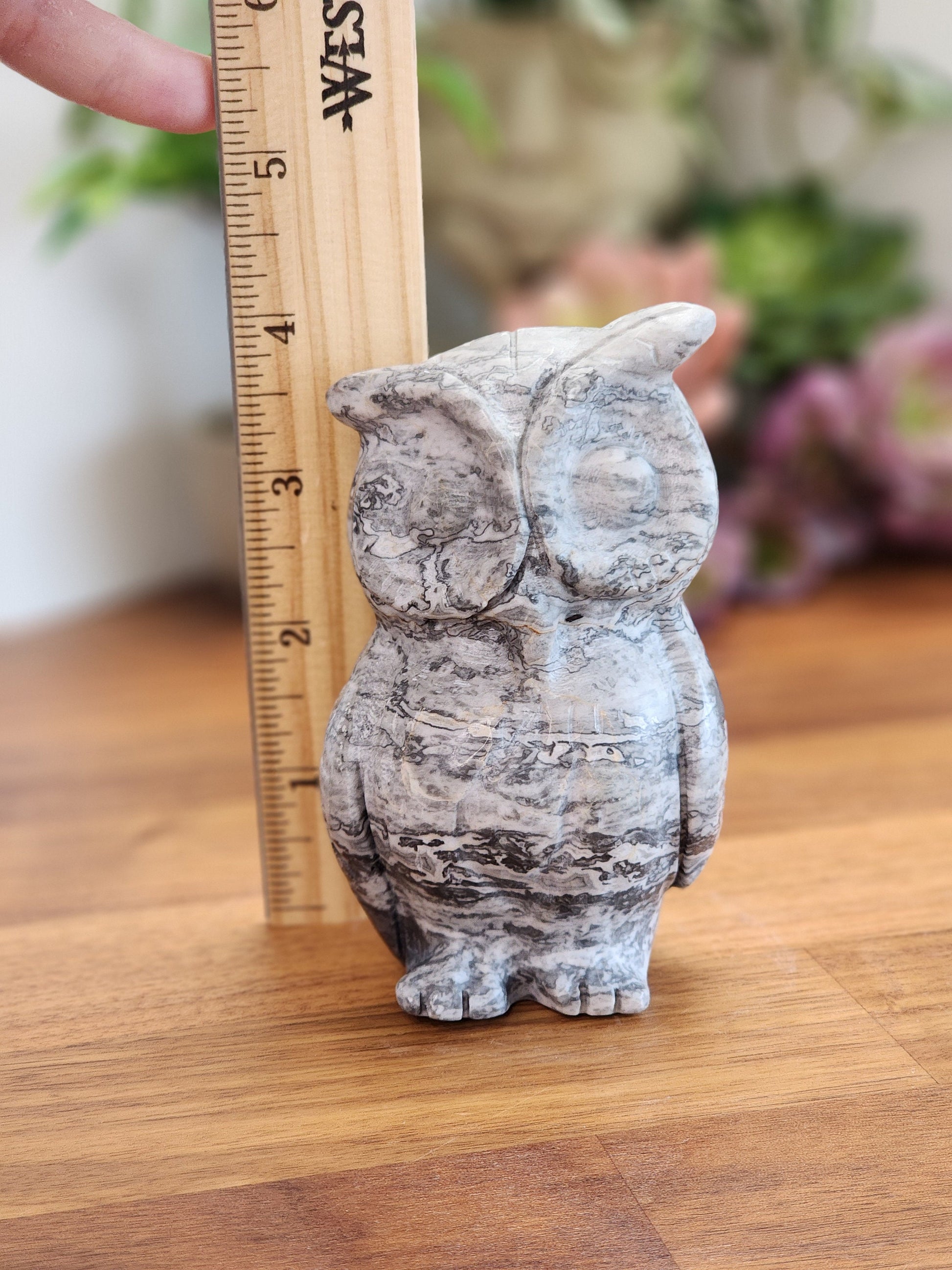 Picasso Jasper Owl Carving: Black & White Crystal Decor
