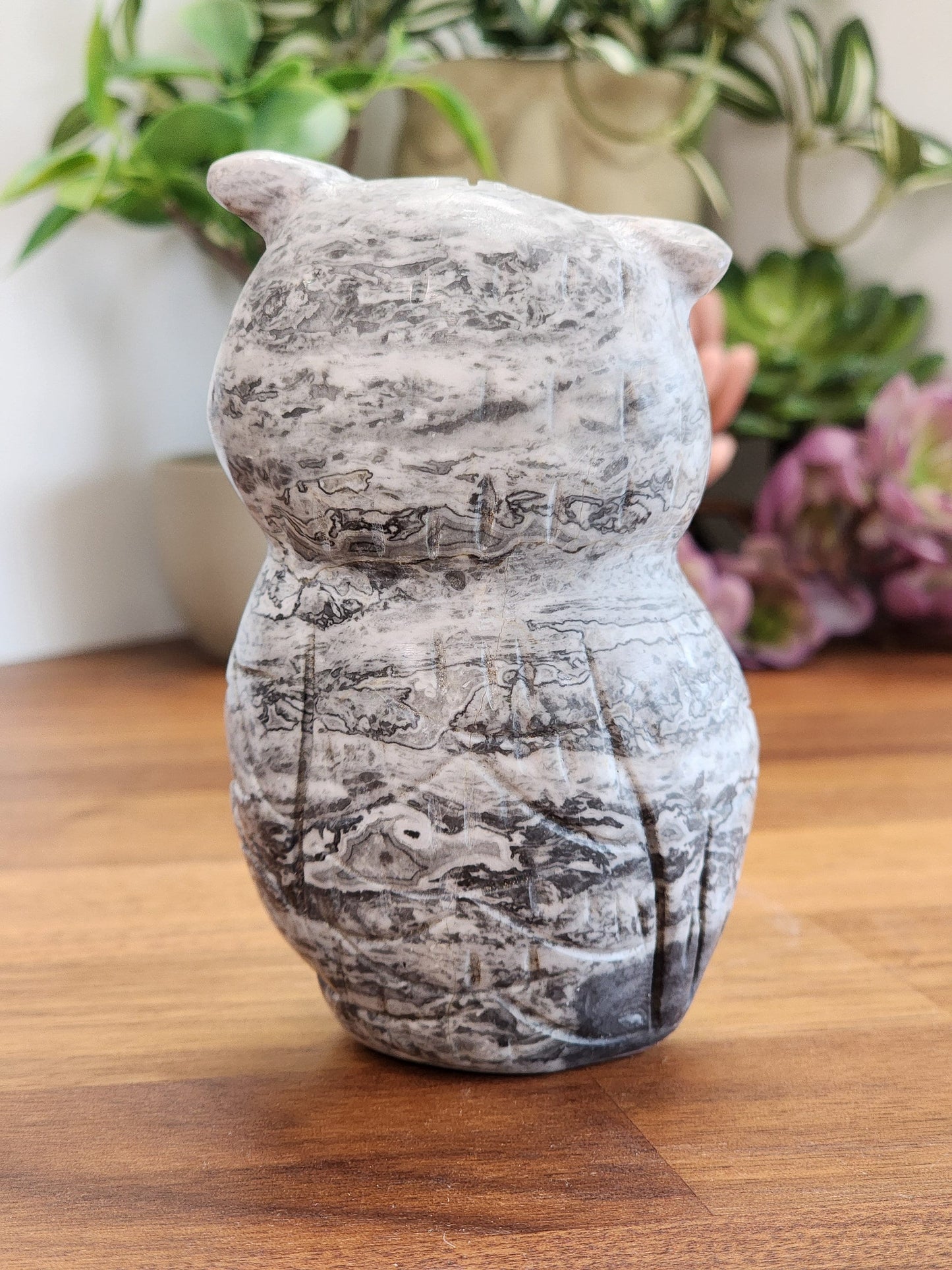 Picasso Jasper Owl Carving: Black & White Crystal Decor