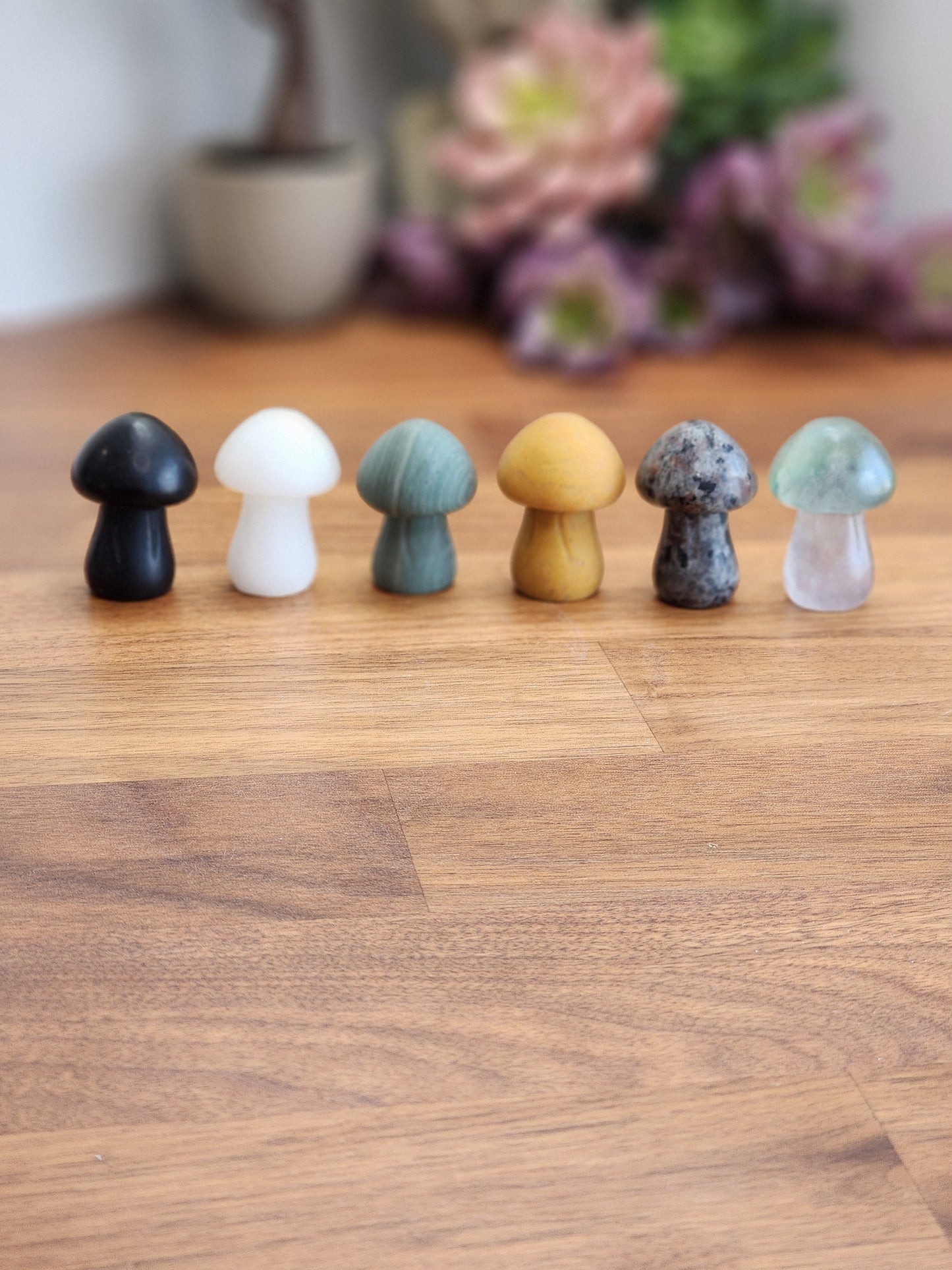 Chunky Crystal Mushrooms in White Jade, Black Obsidian, Yellow Jade, UV Reactive Yooperlite, and Rainbow Fluorite.
