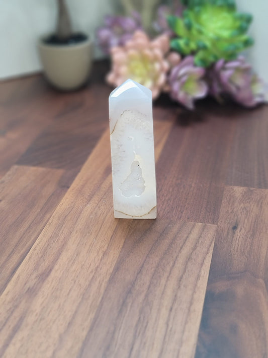 White Druzy Agate Tower | Around 4" Slim | Sparkling Quartz Pocket Point | Only 1 Available