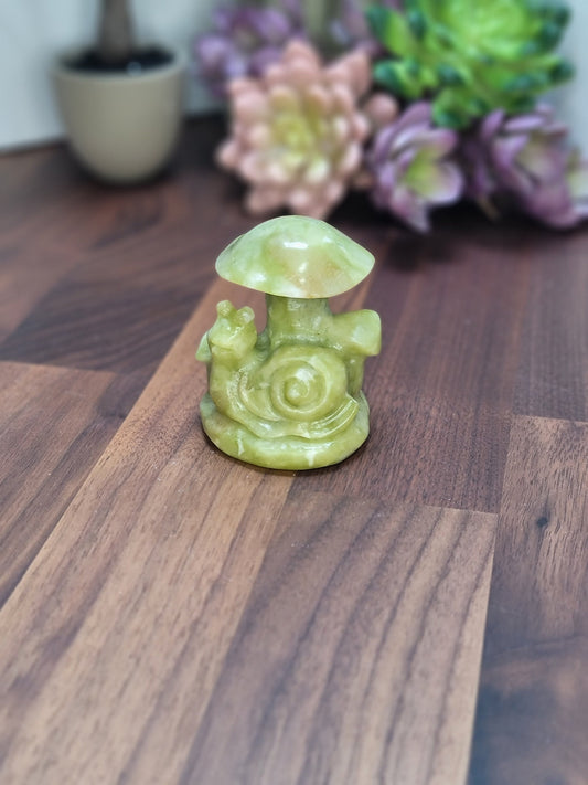 Sweet Serpentine Snail and Mushroom Crystal Carving | 60 MM | Green and White | Intuitively Chosen