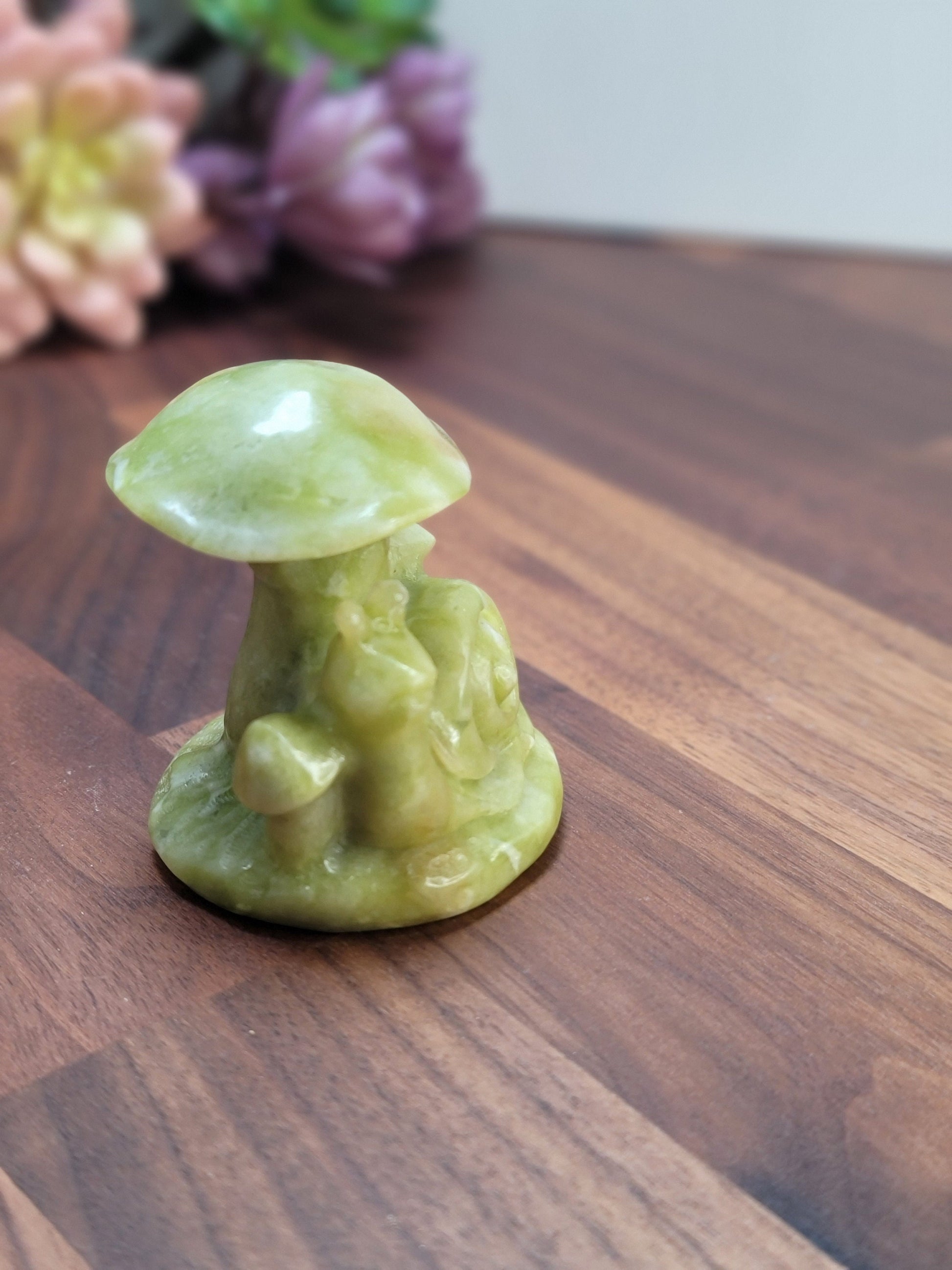Sweet Serpentine Snail and Mushroom Crystal Carving | 60 MM | Green and White | Intuitively Chosen