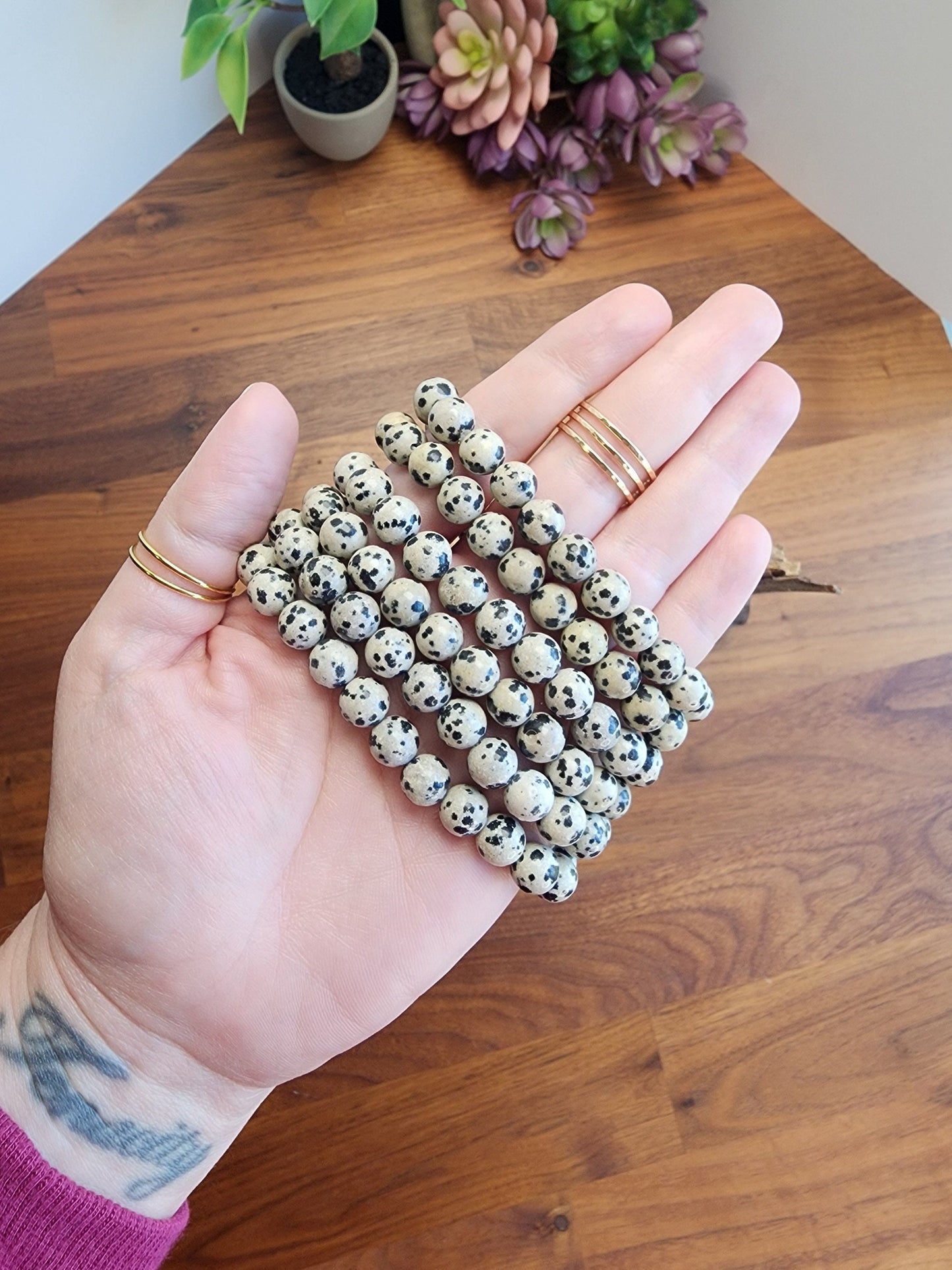 Dalmatian Jasper Bracelet: 8MM Crystal Beads | Natural Black Spots on Beige Cream Matrix | Nature's Polka Dots | Pet Rememberance Gift