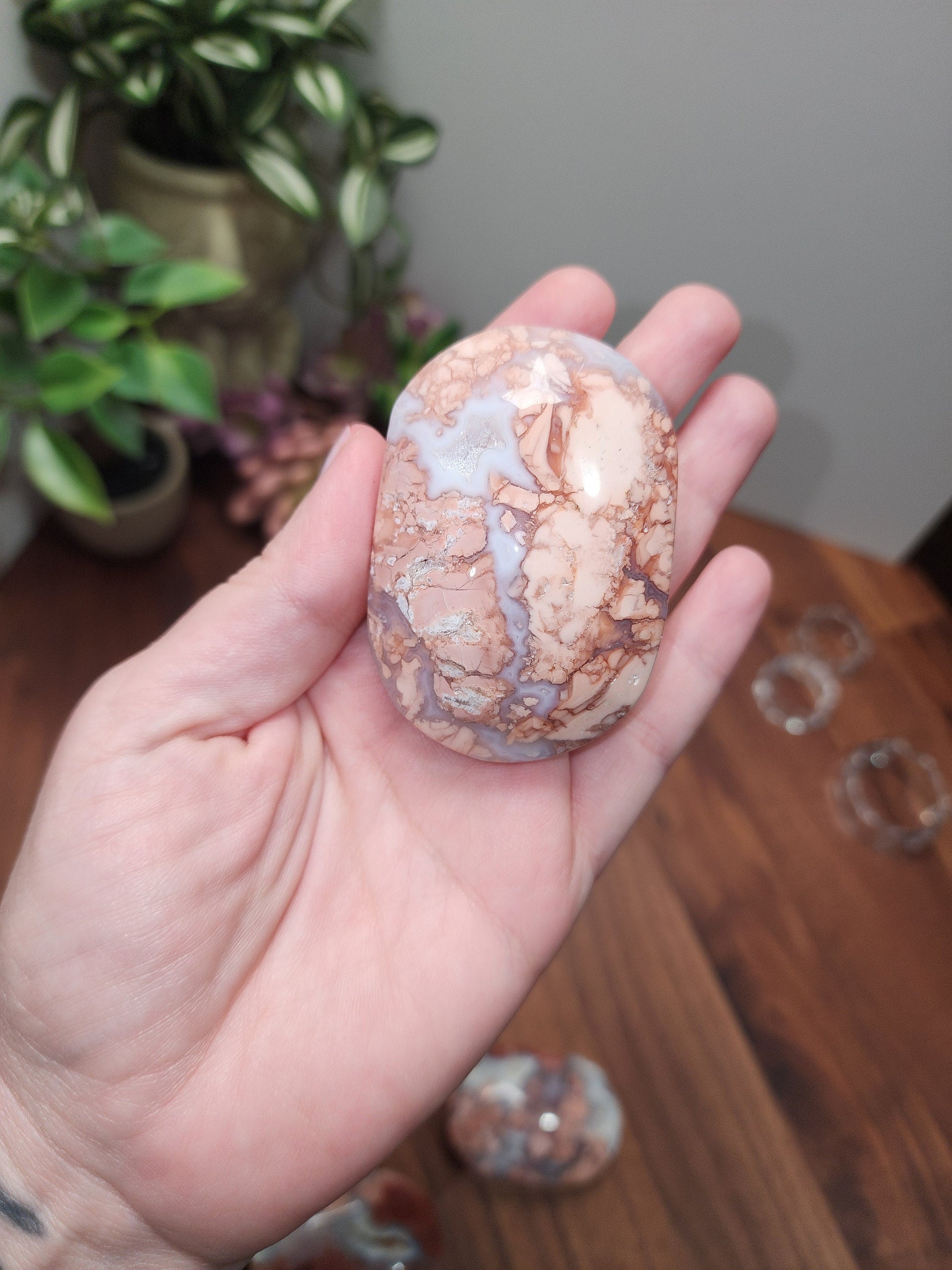 Pink Flower Agate Palm Stone | 64 MM | Pink Red Brown and White | Pocket Crystals | ADHD Fidget | Cotton Candy Agate
