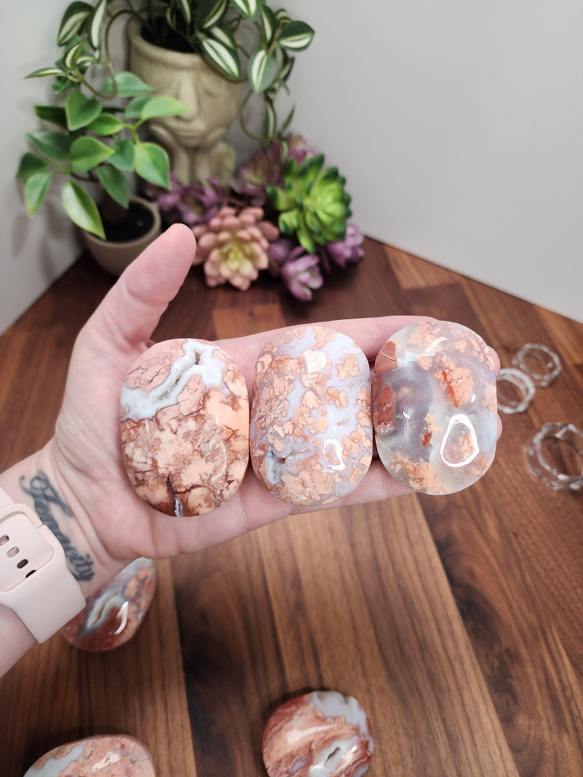 Pink Flower Agate Palm Stone | 64 MM | Pink Red Brown and White | Pocket Crystals | ADHD Fidget | Cotton Candy Agate