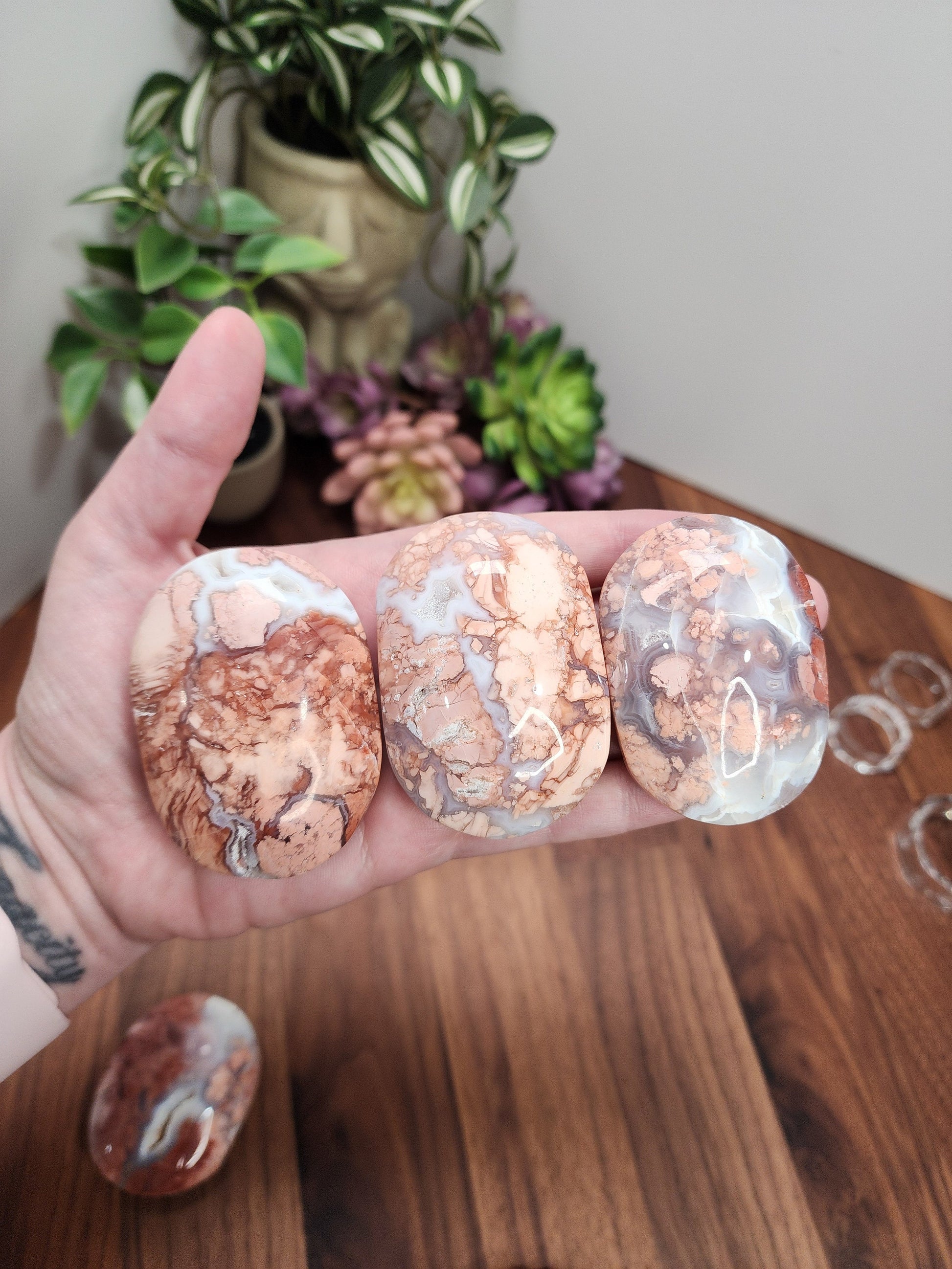 Pink Flower Agate Palm Stone | 64 MM | Pink Red Brown and White | Pocket Crystals | ADHD Fidget | Cotton Candy Agate