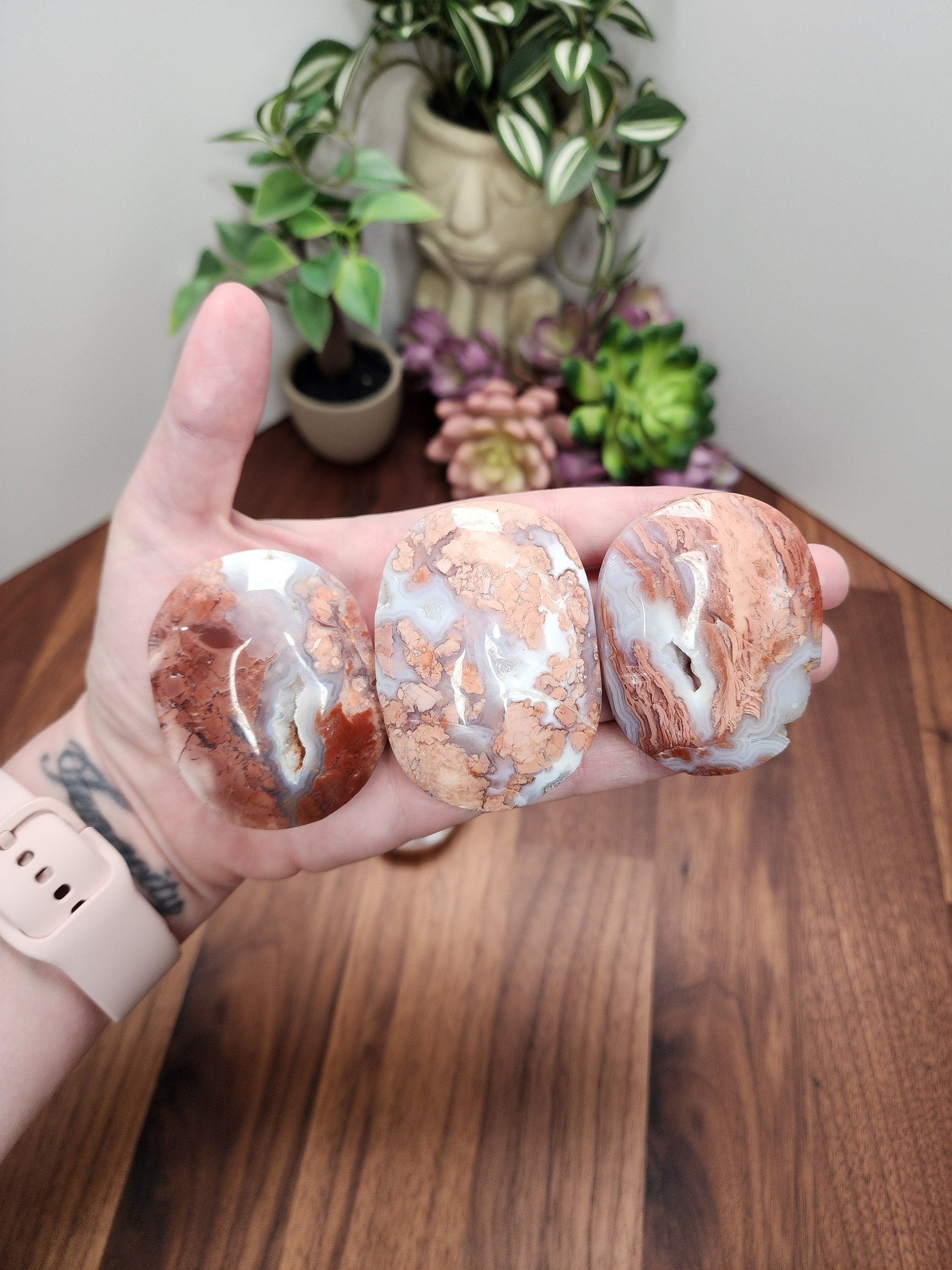 Pink Flower Agate Palm Stone | 64 MM | Pink Red Brown and White | Pocket Crystals | ADHD Fidget | Cotton Candy Agate