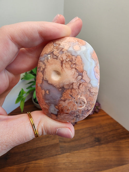 Pink Flower Agate Palm Stone | 64 MM | Pink Red Brown and White | Pocket Crystals | ADHD Fidget | Cotton Candy Agate