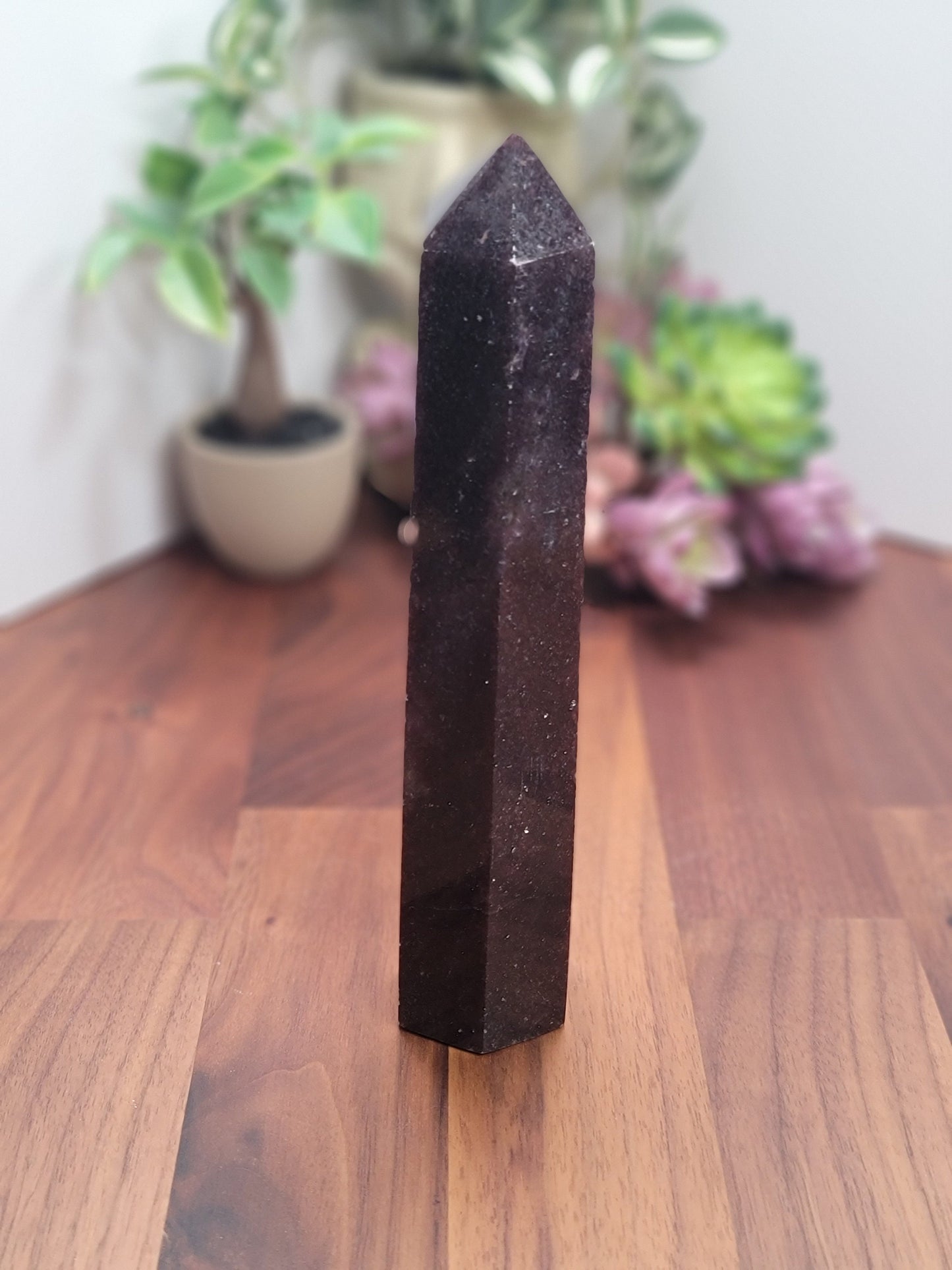 Unicorn Stone Tower | Cecelia (C) | 7.5 inch | XL | Lepidolite, Pink Tourmaline & Smokey Quartz Crystal Point | Dark Purple | Galaxy Stone