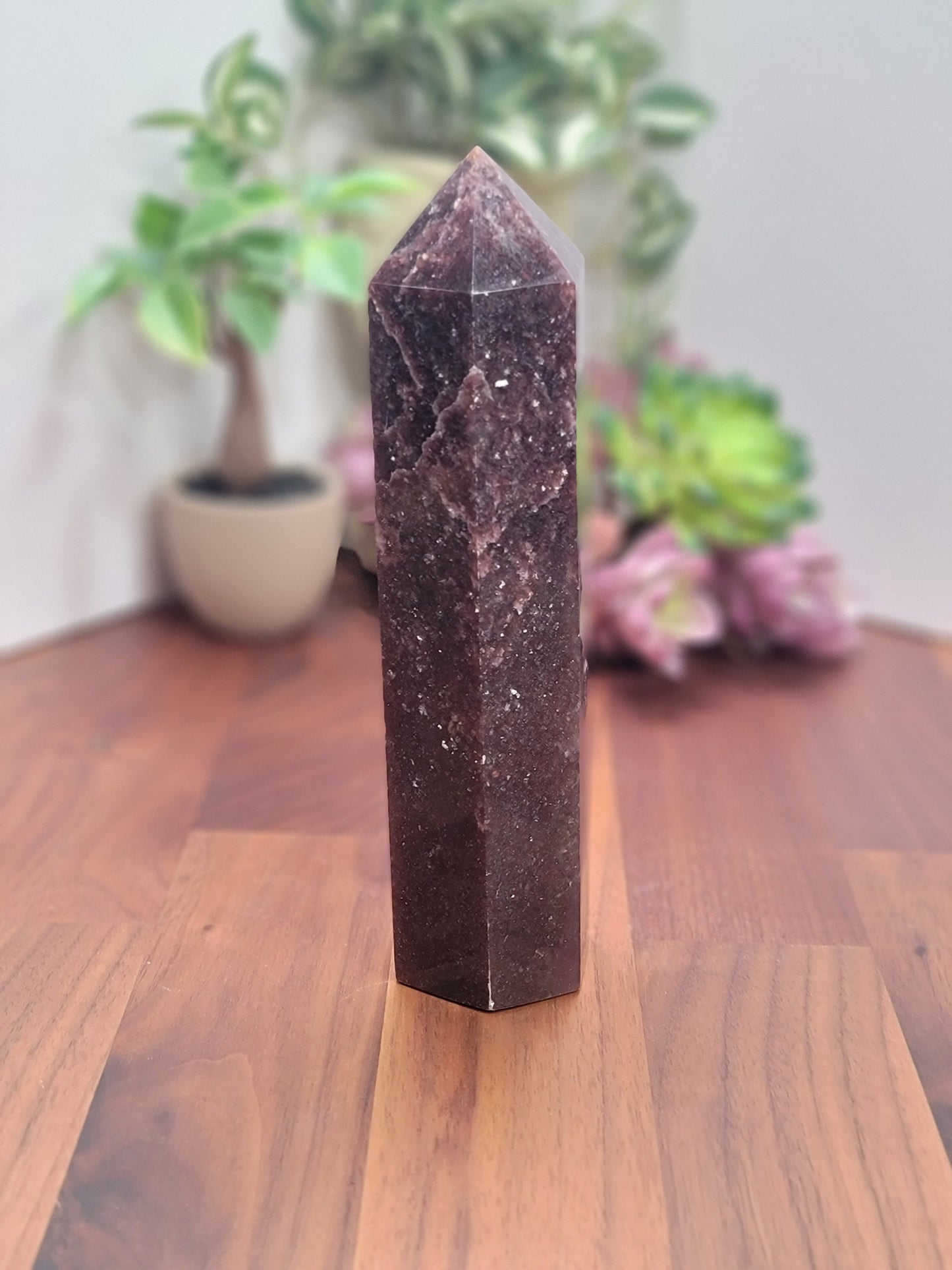 Unicorn Stone Tower | Bedelia (B) | 7 inch | XL | Lepidolite, Pink Tourmaline & Smokey Quartz Crystal Point | Dark Purple | Galaxy Stone