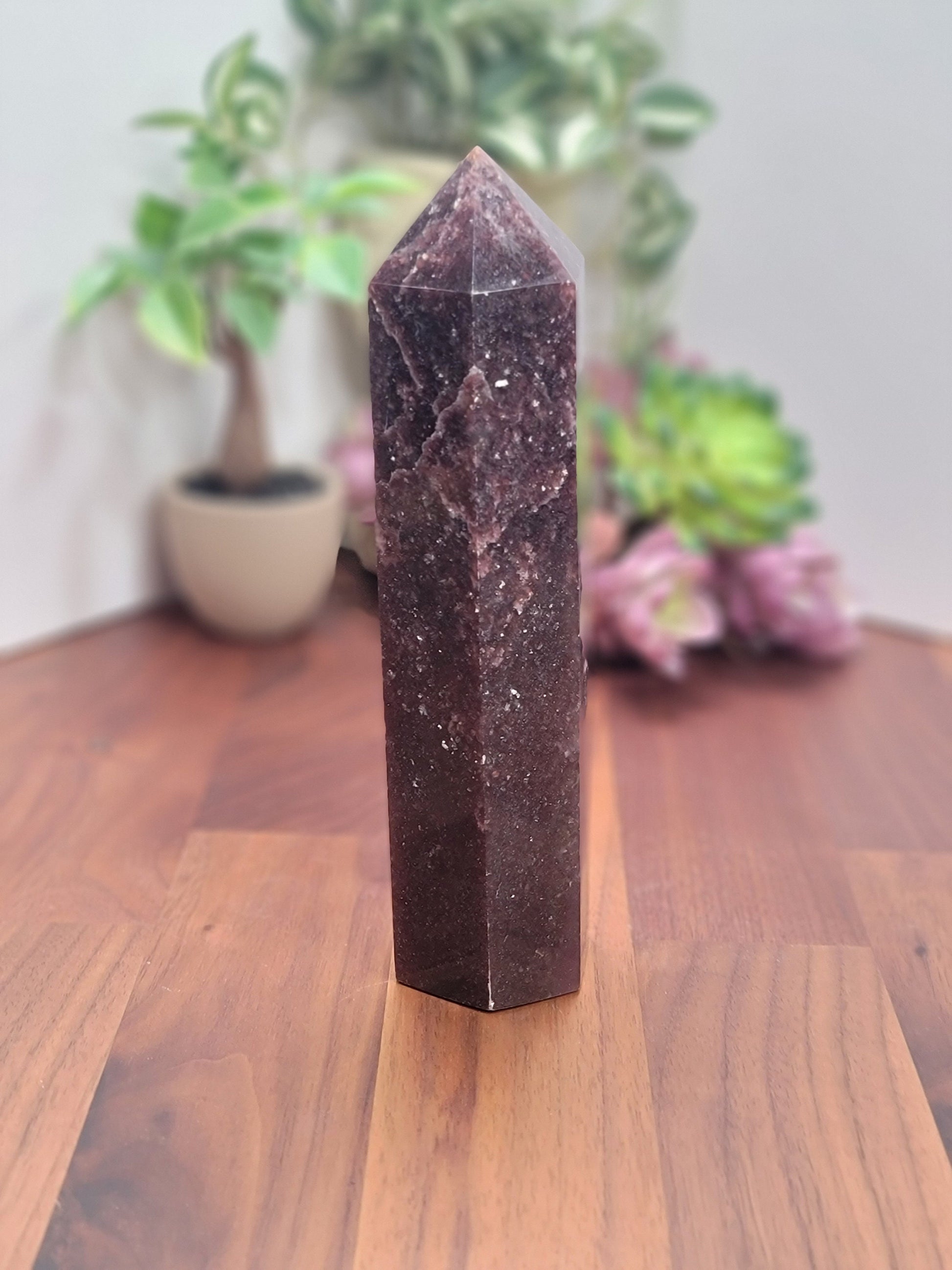 Unicorn Stone Tower | Bedelia (B) | 7 inch | XL | Lepidolite, Pink Tourmaline & Smokey Quartz Crystal Point | Dark Purple | Galaxy Stone