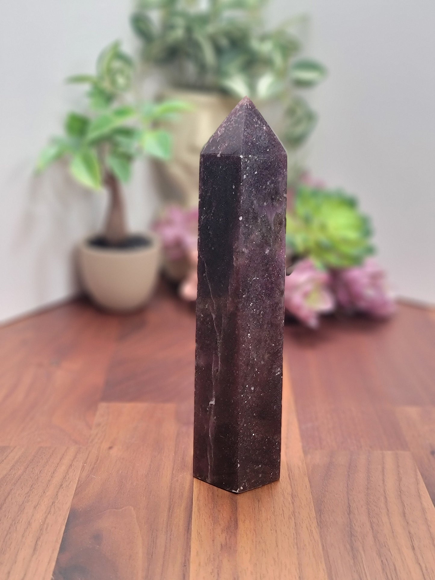 Unicorn Stone Tower | Bedelia (B) | 7 inch | XL | Lepidolite, Pink Tourmaline & Smokey Quartz Crystal Point | Dark Purple | Galaxy Stone
