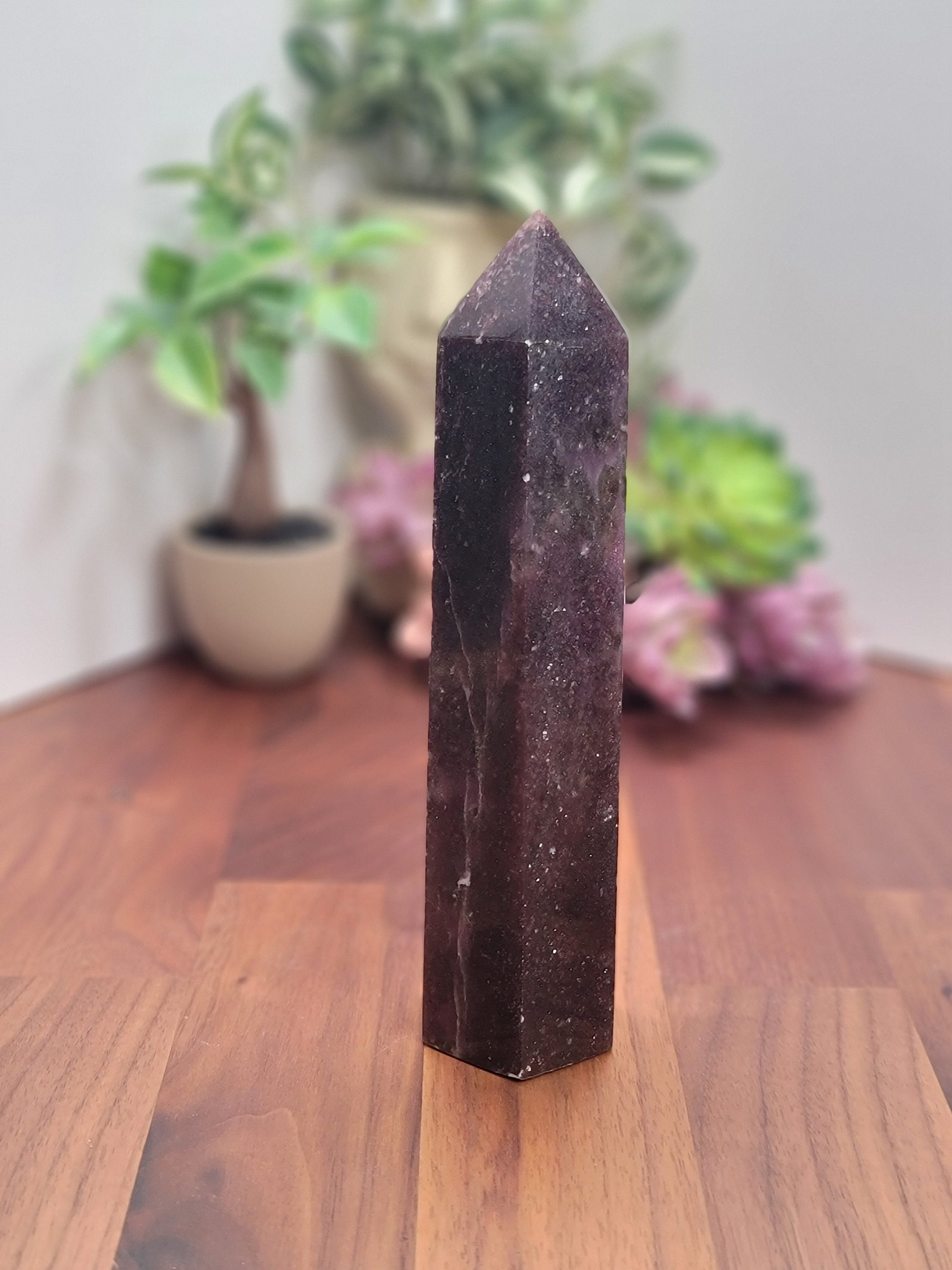 Unicorn Stone Tower | Bedelia (B) | 7 inch | XL | Lepidolite, Pink Tourmaline & Smokey Quartz Crystal Point | Dark Purple | Galaxy Stone