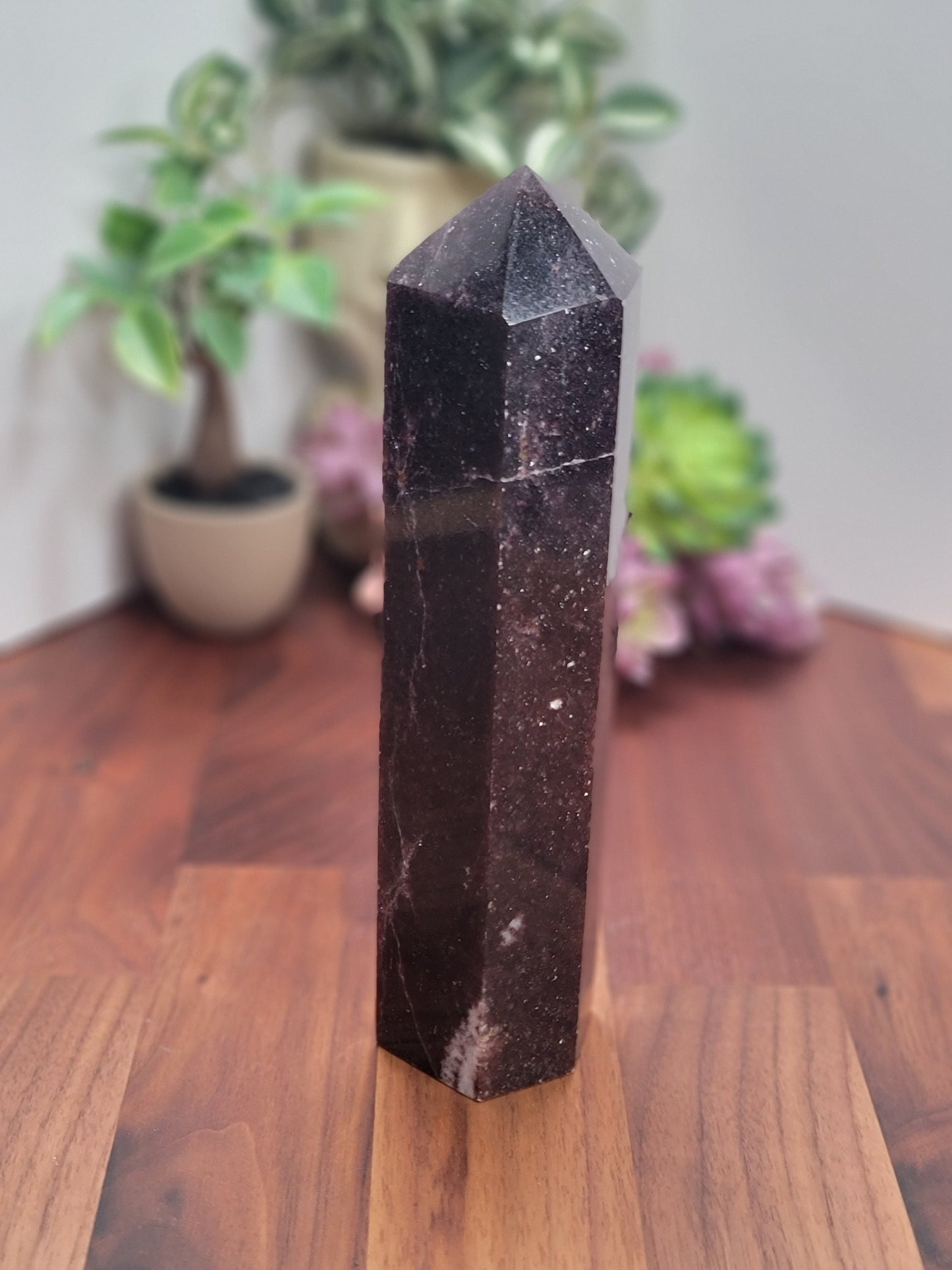 Unique Unicorn Stone Crystal Tower | (A) August - 7.75" | Purple Lepidolite, Pink Tourmaline & Smokey Quartz Point | Mermaidcore Night Sky