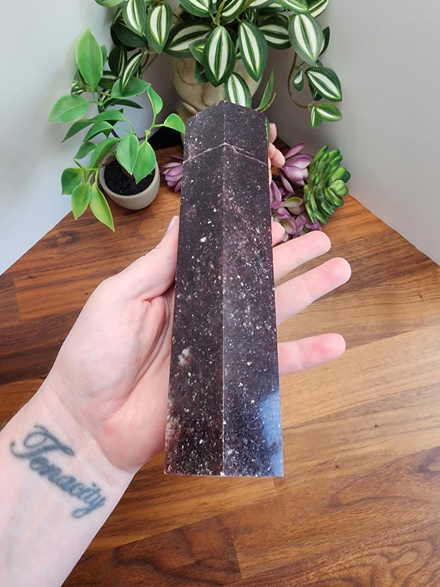 Unique Unicorn Stone Crystal Tower | (A) August - 7.75" | Purple Lepidolite, Pink Tourmaline & Smokey Quartz Point | Mermaidcore Night Sky