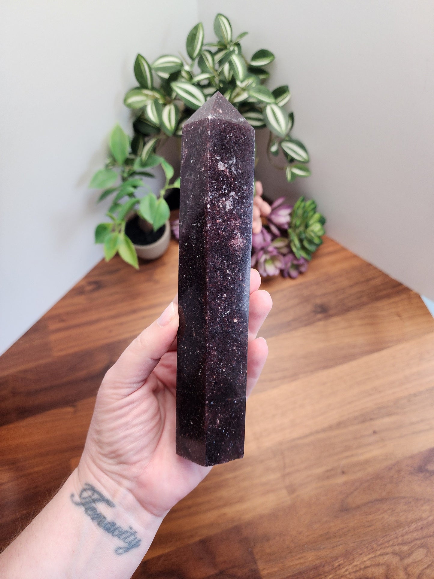 Unicorn Stone Tower | Cecelia (C) | 7.5 inch | XL | Lepidolite, Pink Tourmaline & Smokey Quartz Crystal Point | Dark Purple | Galaxy Stone