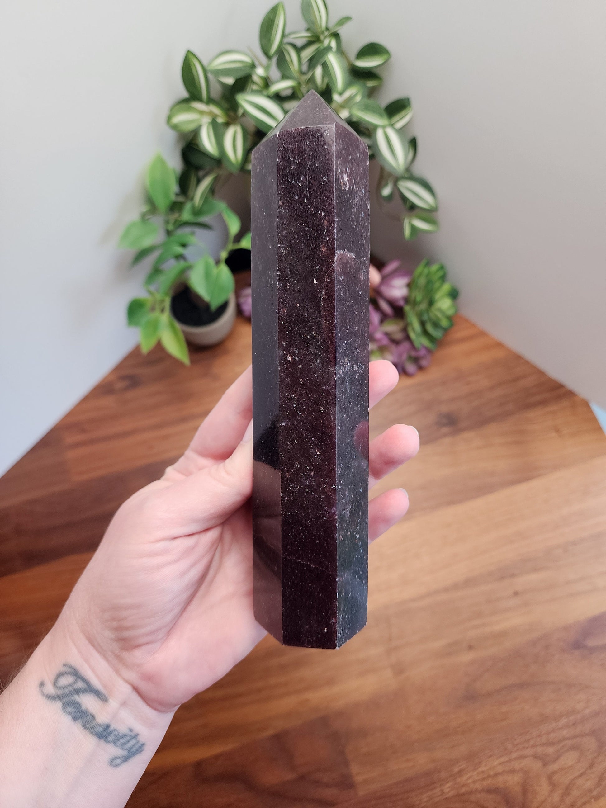 Unicorn Stone Tower | Cecelia (C) | 7.5 inch | XL | Lepidolite, Pink Tourmaline & Smokey Quartz Crystal Point | Dark Purple | Galaxy Stone