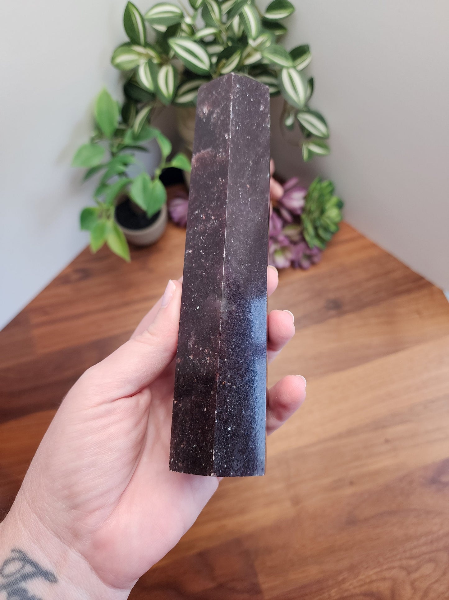 Unicorn Stone Tower | Cecelia (C) | 7.5 inch | XL | Lepidolite, Pink Tourmaline & Smokey Quartz Crystal Point | Dark Purple | Galaxy Stone