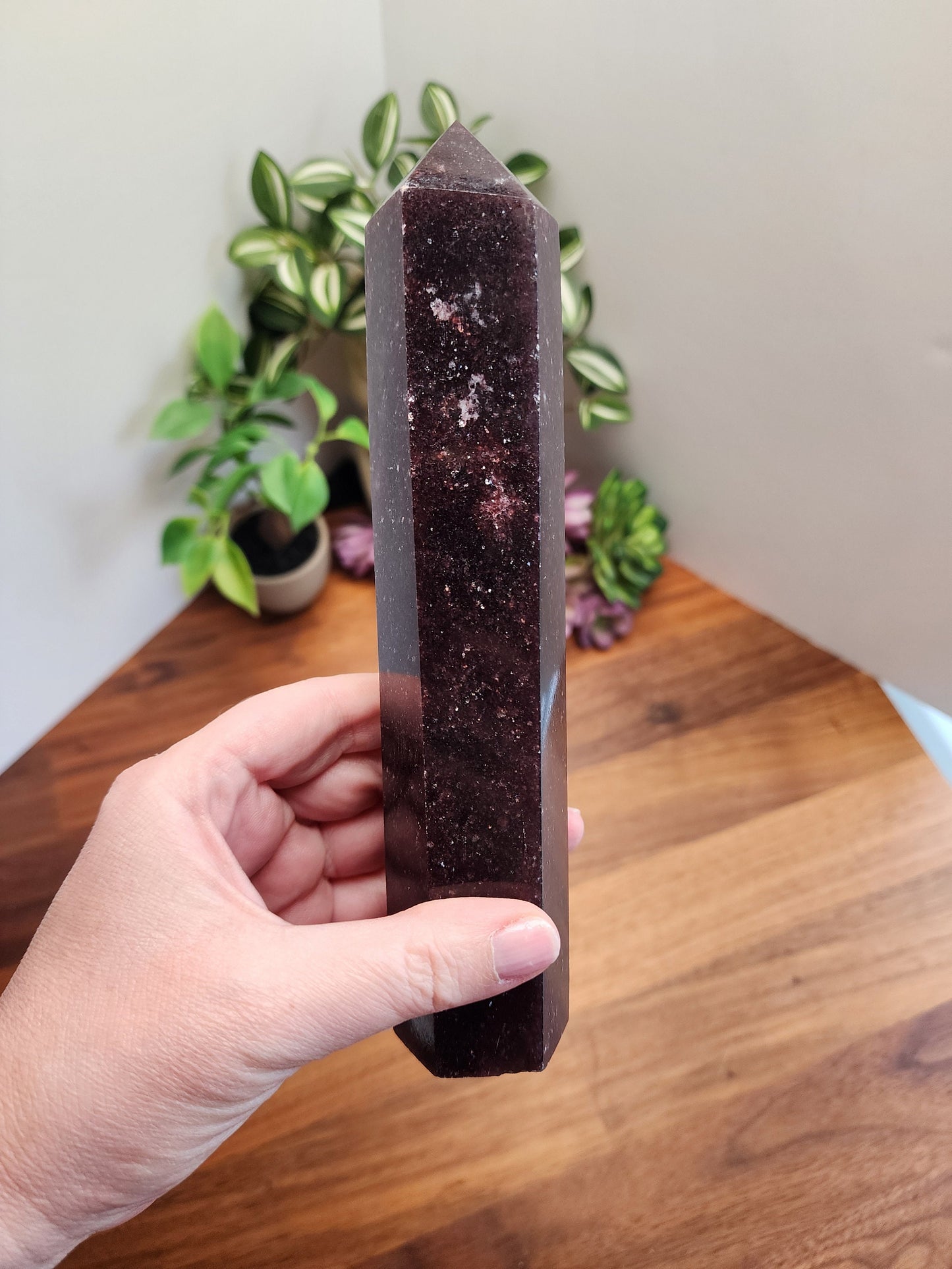 Unicorn Stone Tower | Cecelia (C) | 7.5 inch | XL | Lepidolite, Pink Tourmaline & Smokey Quartz Crystal Point | Dark Purple | Galaxy Stone