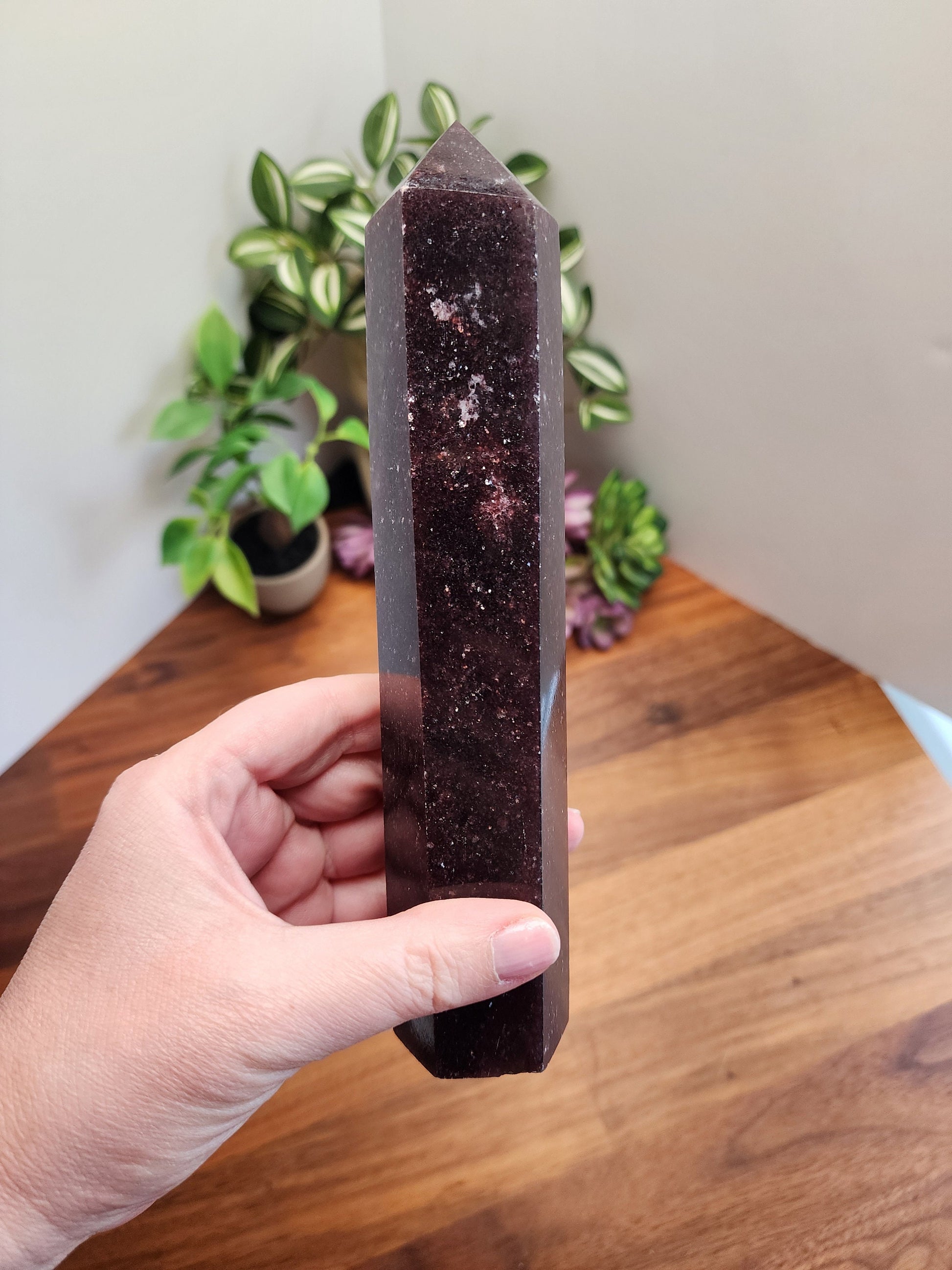 Unicorn Stone Tower | Cecelia (C) | 7.5 inch | XL | Lepidolite, Pink Tourmaline & Smokey Quartz Crystal Point | Dark Purple | Galaxy Stone