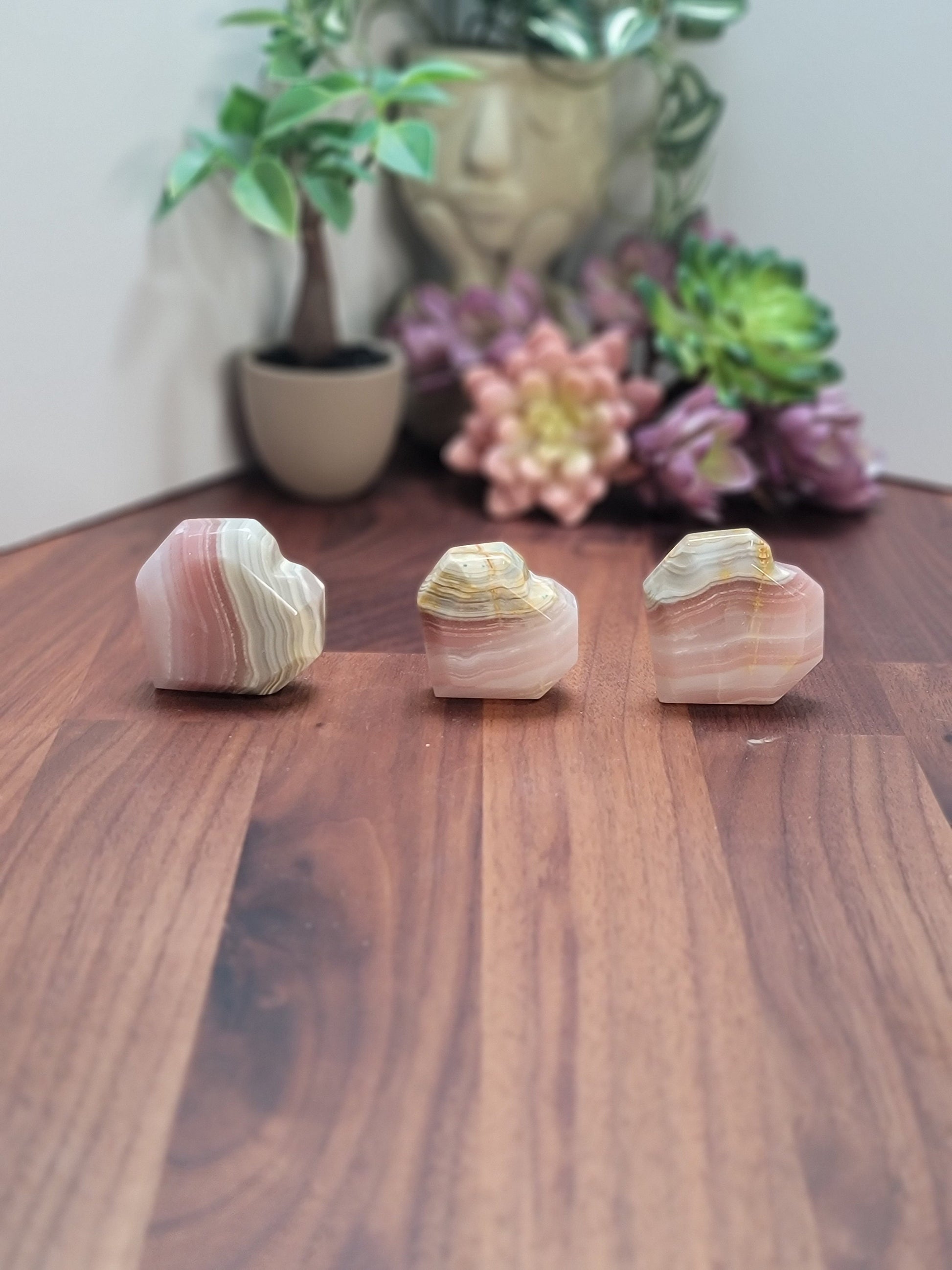 Pink Banded Onyx Faceted Hearts | Size | Standing Heart Carvings | Intuitively Chosen