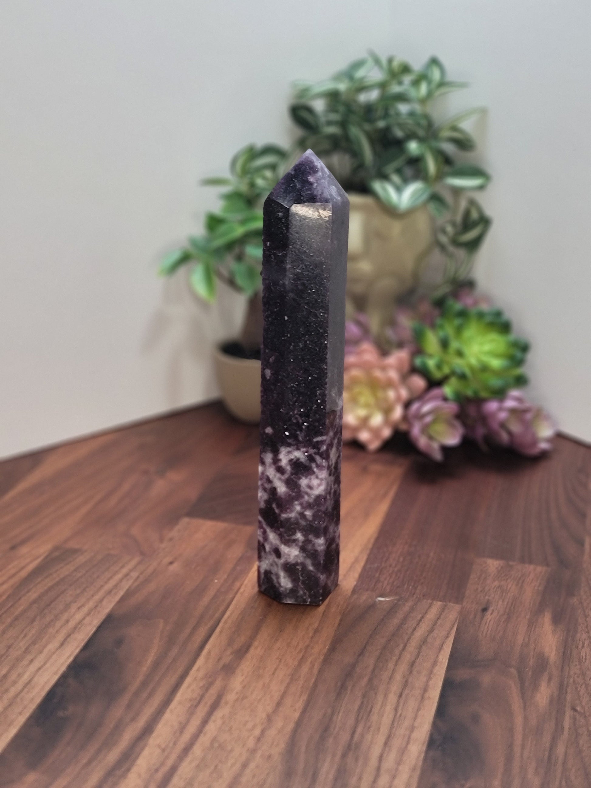 Purple Lepidolite Crystal Tower | 8.5 Inches | Purple and White Crystal Point | Only 1 Available Alpha