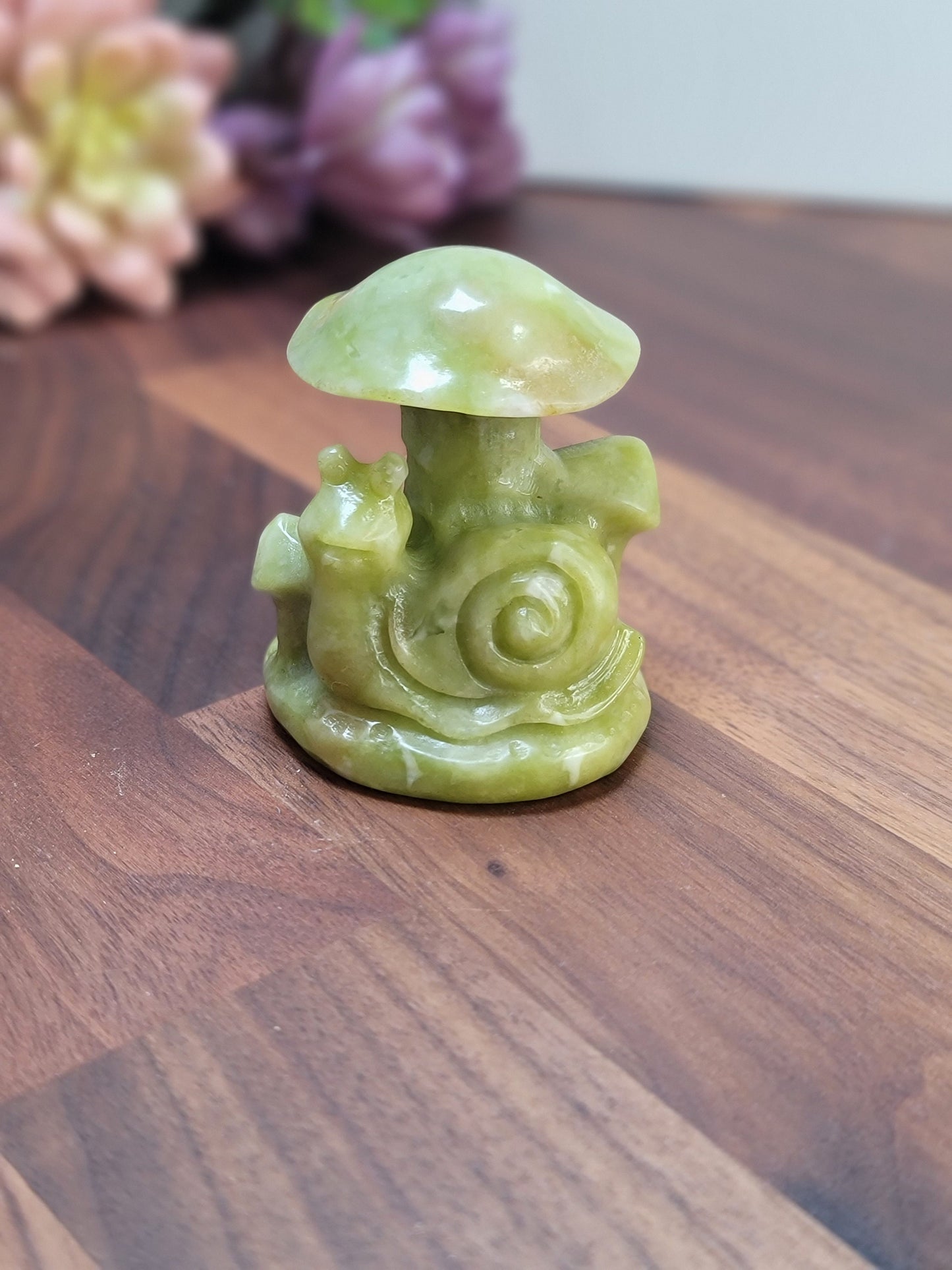 Sweet Serpentine Snail and Mushroom Crystal Carving | 60 MM | Green and White | Intuitively Chosen
