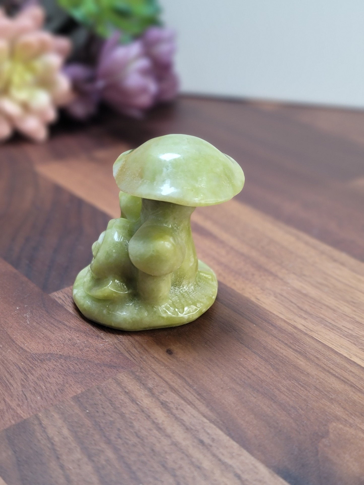 Sweet Serpentine Snail and Mushroom Crystal Carving | 60 MM | Green and White | Intuitively Chosen