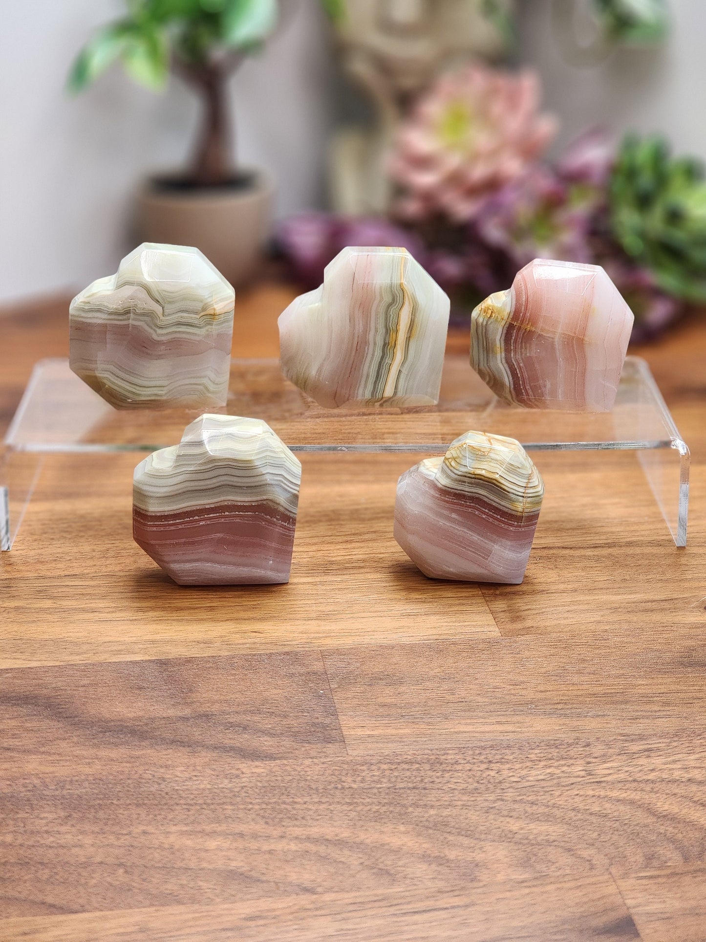 Pink Banded Onyx Faceted Hearts | Size | Standing Heart Carvings | Intuitively Chosen