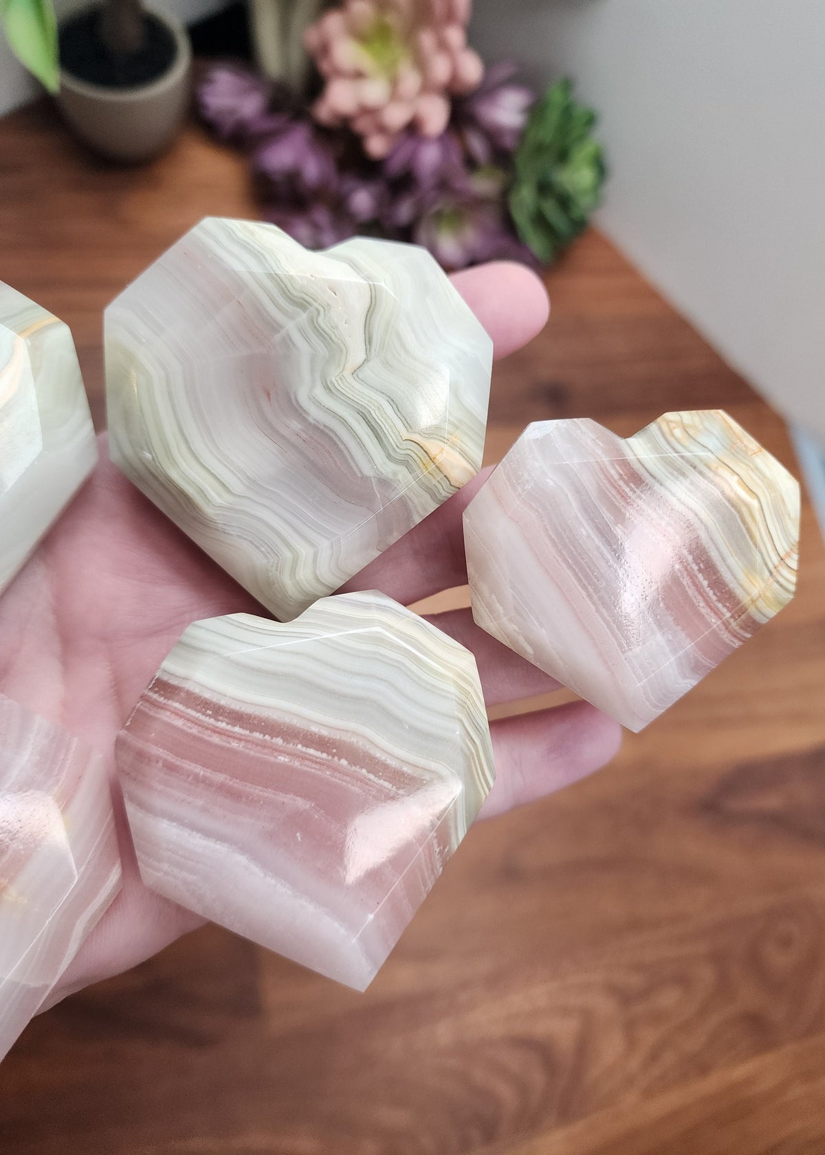 Pink Banded Onyx Faceted Hearts | Size | Standing Heart Carvings | Intuitively Chosen