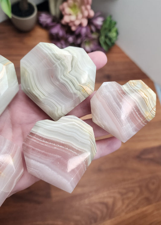 Pink Banded Onyx Faceted Hearts | Size | Standing Heart Carvings | Intuitively Chosen