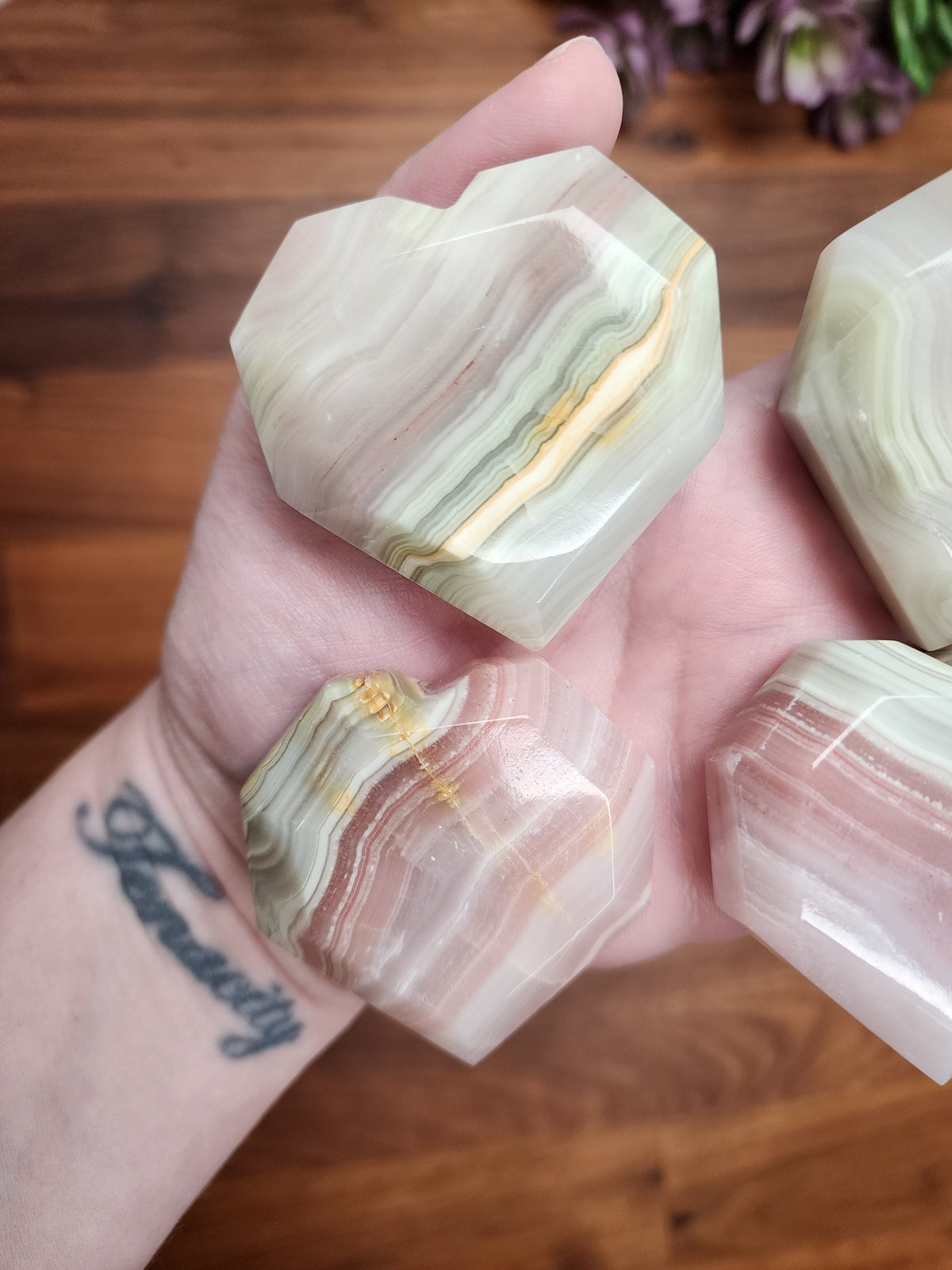 Pink Banded Onyx Faceted Hearts | Size | Standing Heart Carvings | Intuitively Chosen