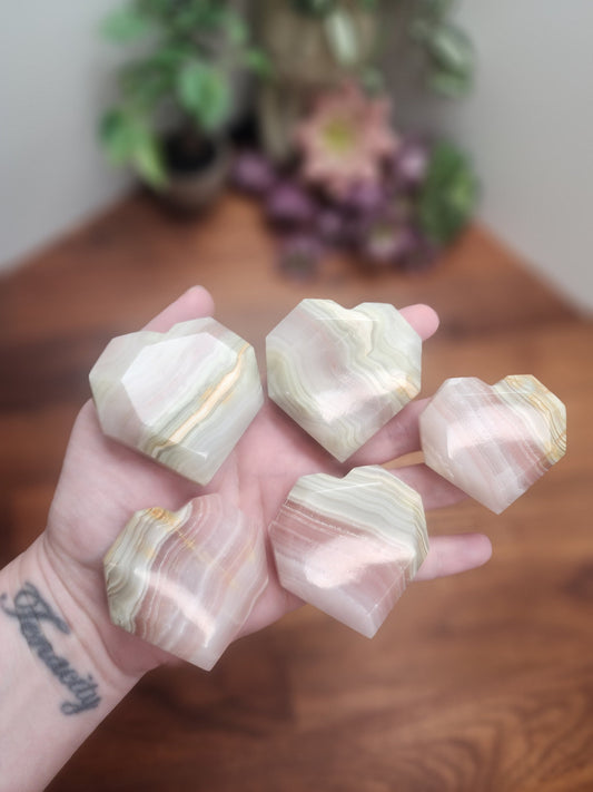 Pink Banded Onyx Faceted Hearts | Size | Standing Heart Carvings | Intuitively Chosen