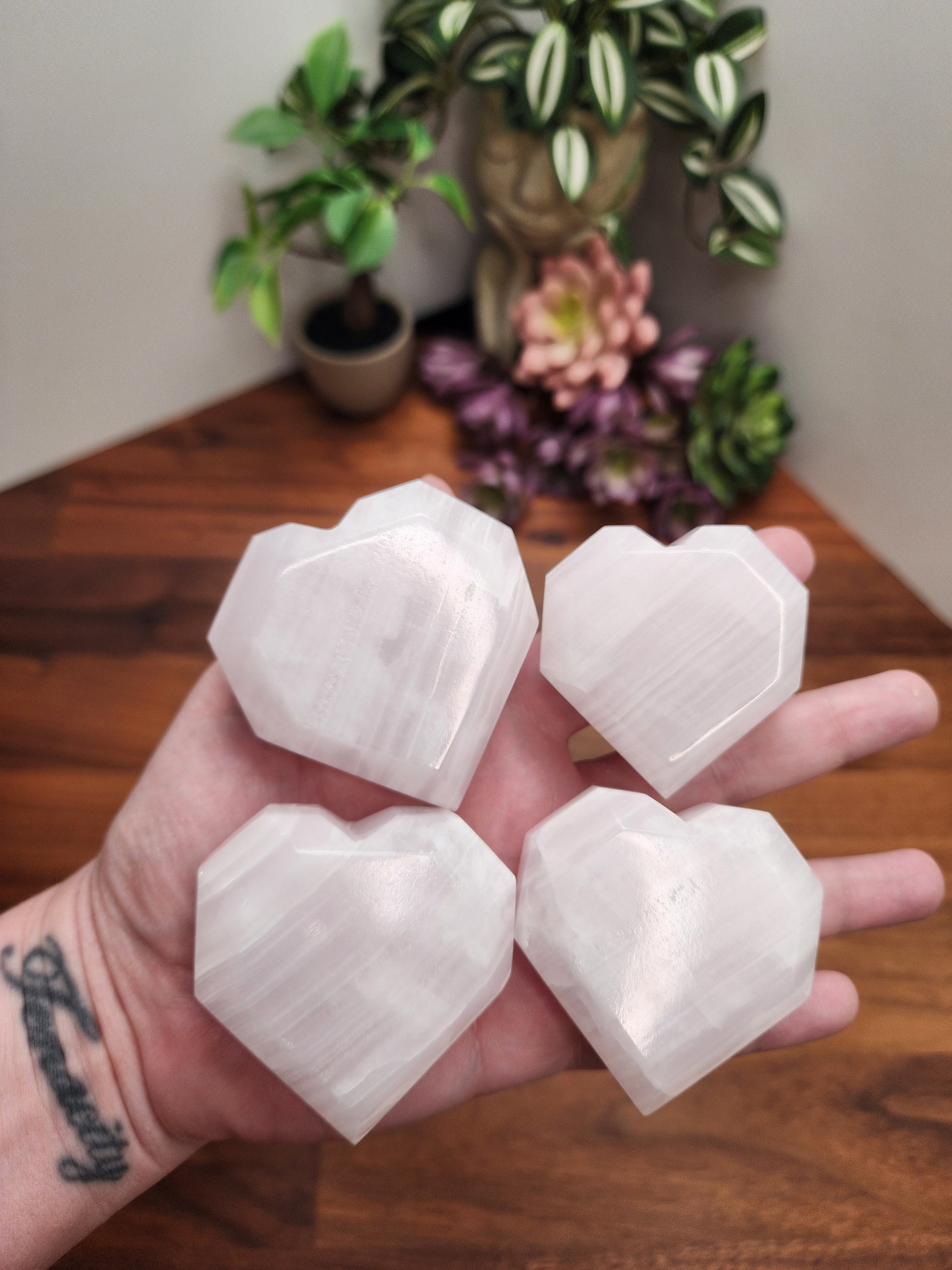 Mangano Calcite Faceted Heart | Neon Pink UV Reactive | White & Pink Banded Crystal | Intuitively Chosen