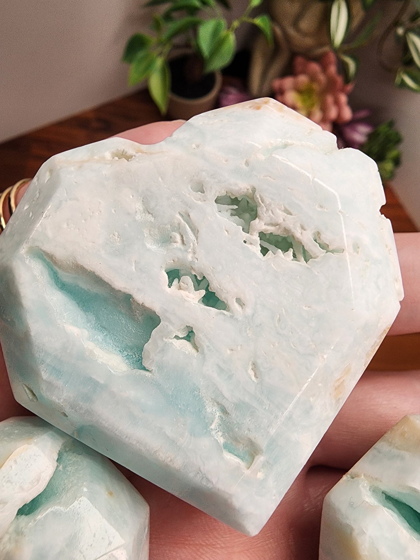 Blue Aragonite Faceted Crystal Heart | Carribean Blue Crystals | Unique Standing Shape | Intuitively Chosen