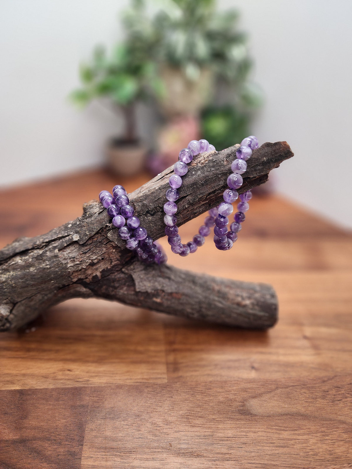 Dream Amethyst Bracelet: 8MM Natural Purple Crystal Beads, Some with Chevron Mountain | Dainty for smaller 6" wrist | Lilac Clear Quartz