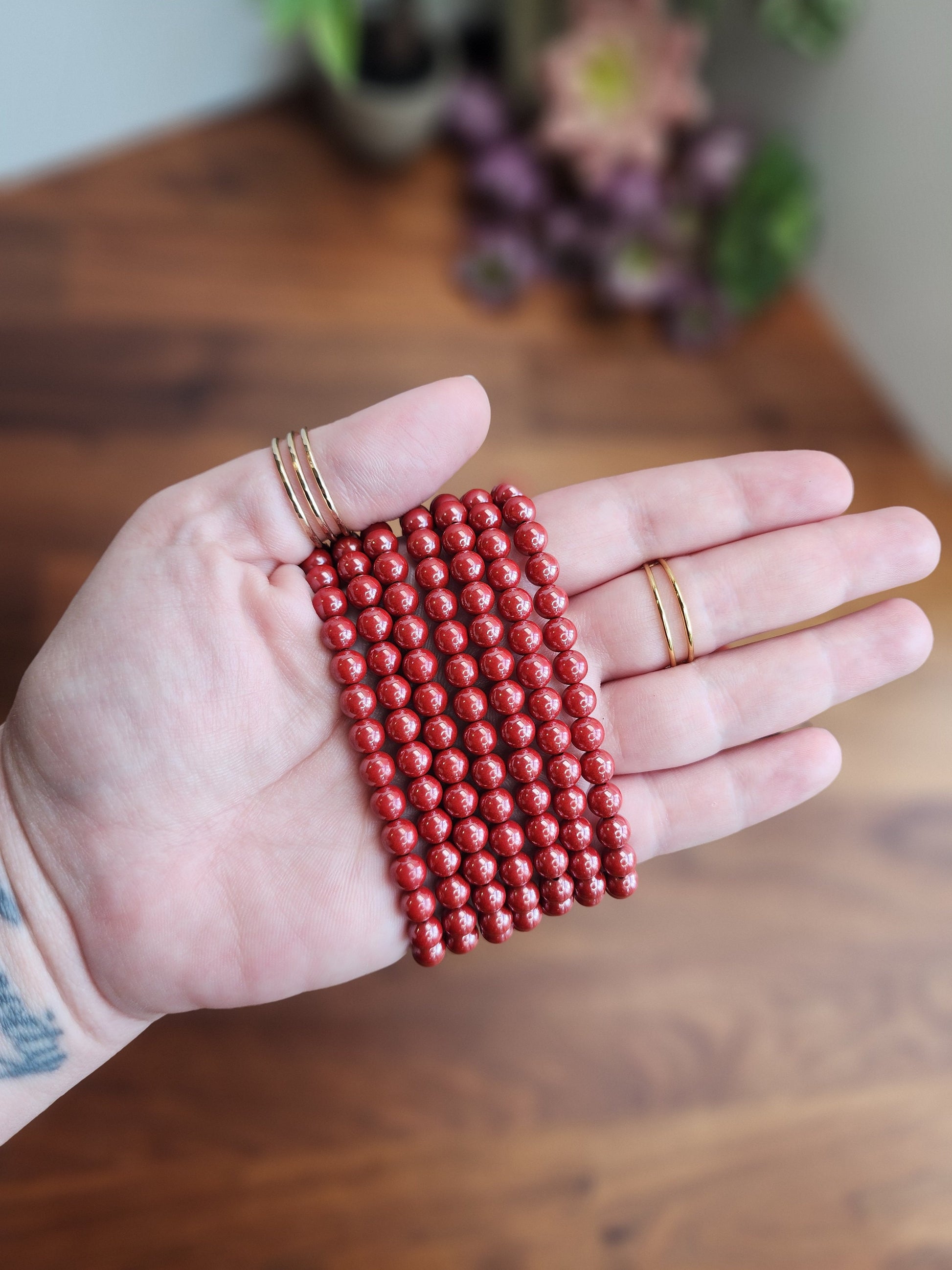 Cinnabar Crystal Bracelet | 6MM | Gorgeous Rosey Red Shimmer | Polished Crimson Beads on Stretchy Elastic Band | Classy Christmas Jewelry