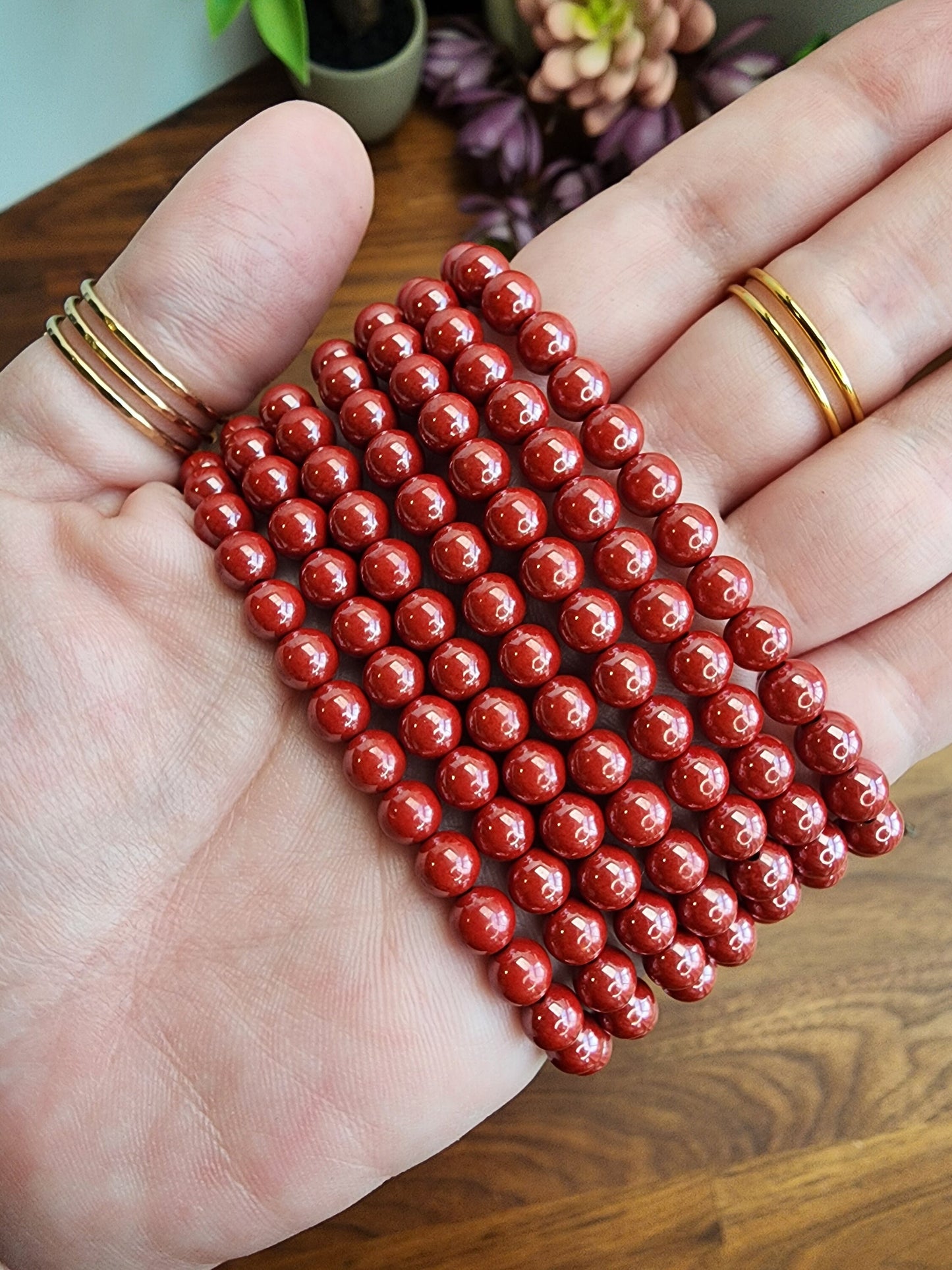 Cinnabar Crystal Bracelet | 6MM | Gorgeous Rosey Red Shimmer | Polished Crimson Beads on Stretchy Elastic Band | Classy Christmas Jewelry