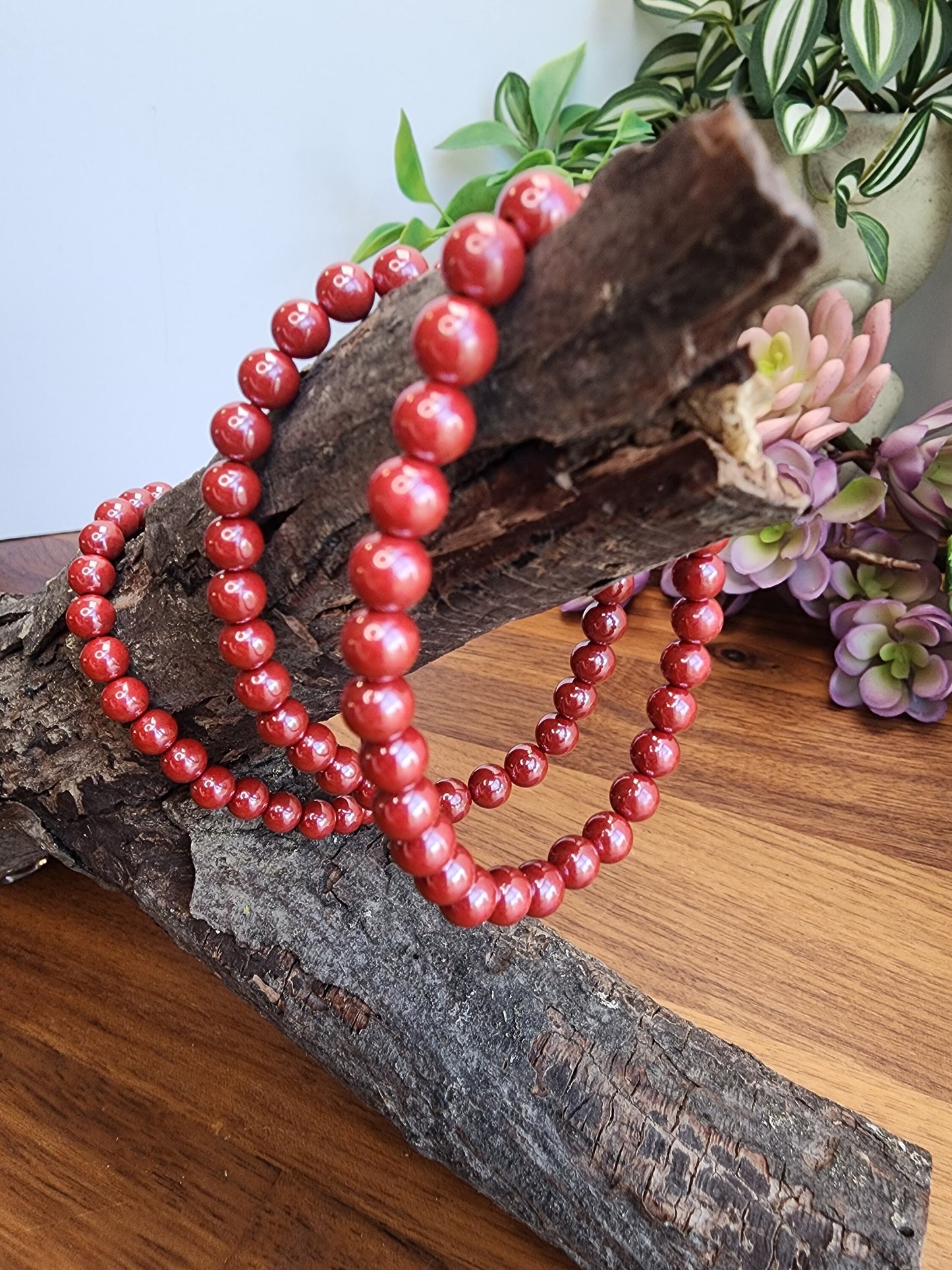 Cinnabar Crystal Bracelet | 6MM | Gorgeous Rosey Red Shimmer | Polished Crimson Beads on Stretchy Elastic Band | Classy Christmas Jewelry