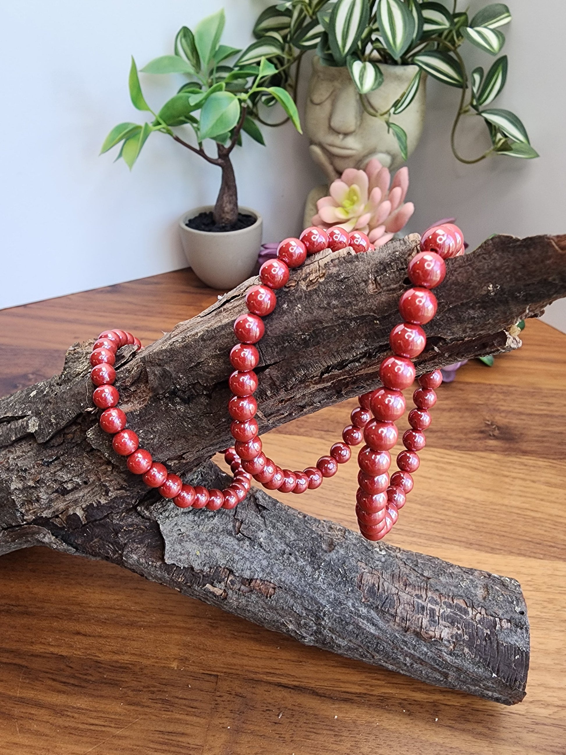 Cinnabar Crystal Bracelet | 6MM | Gorgeous Rosey Red Shimmer | Polished Crimson Beads on Stretchy Elastic Band | Classy Christmas Jewelry