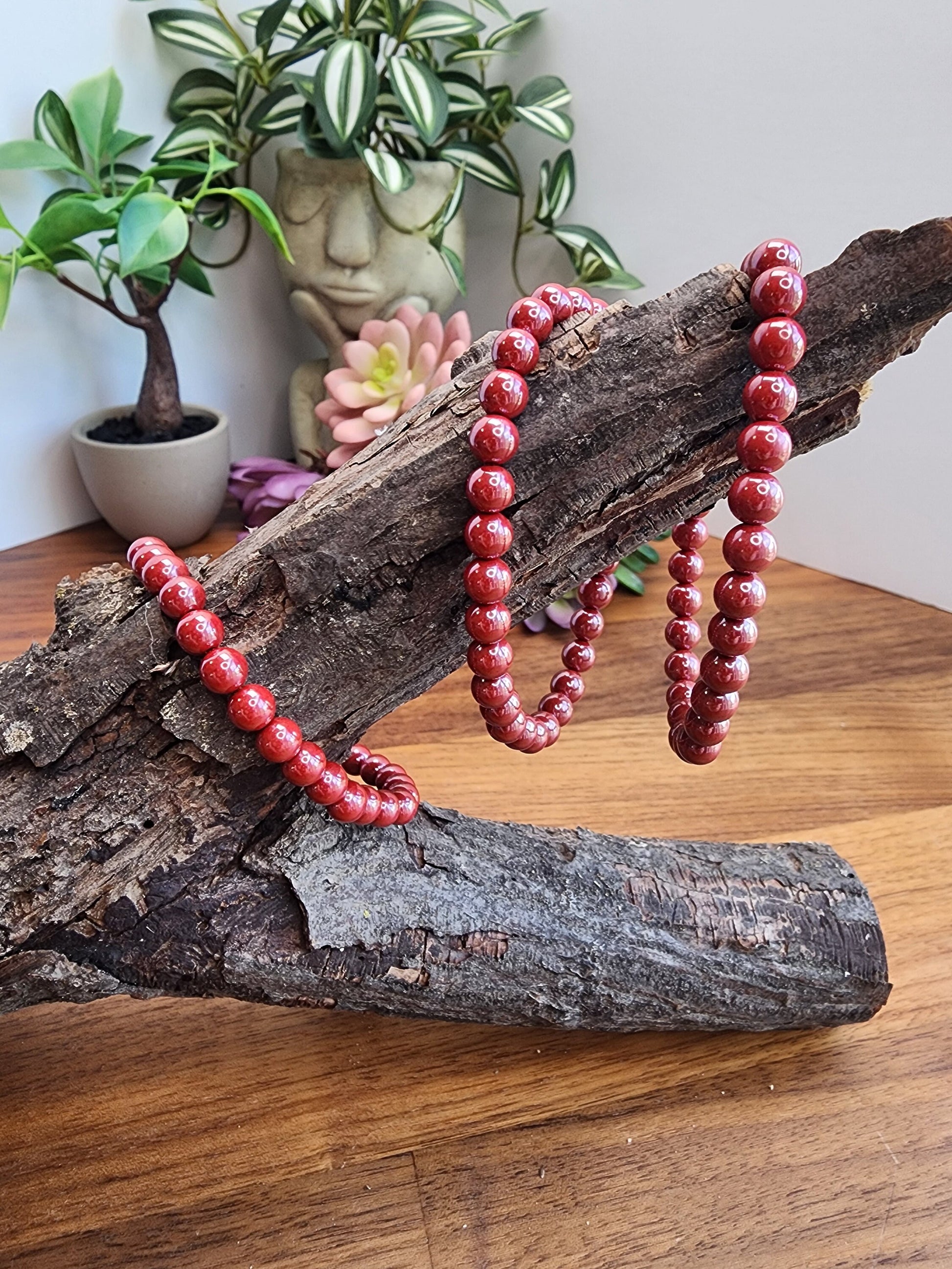 Cinnabar Crystal Bracelet | 6MM | Gorgeous Rosey Red Shimmer | Polished Crimson Beads on Stretchy Elastic Band | Classy Christmas Jewelry