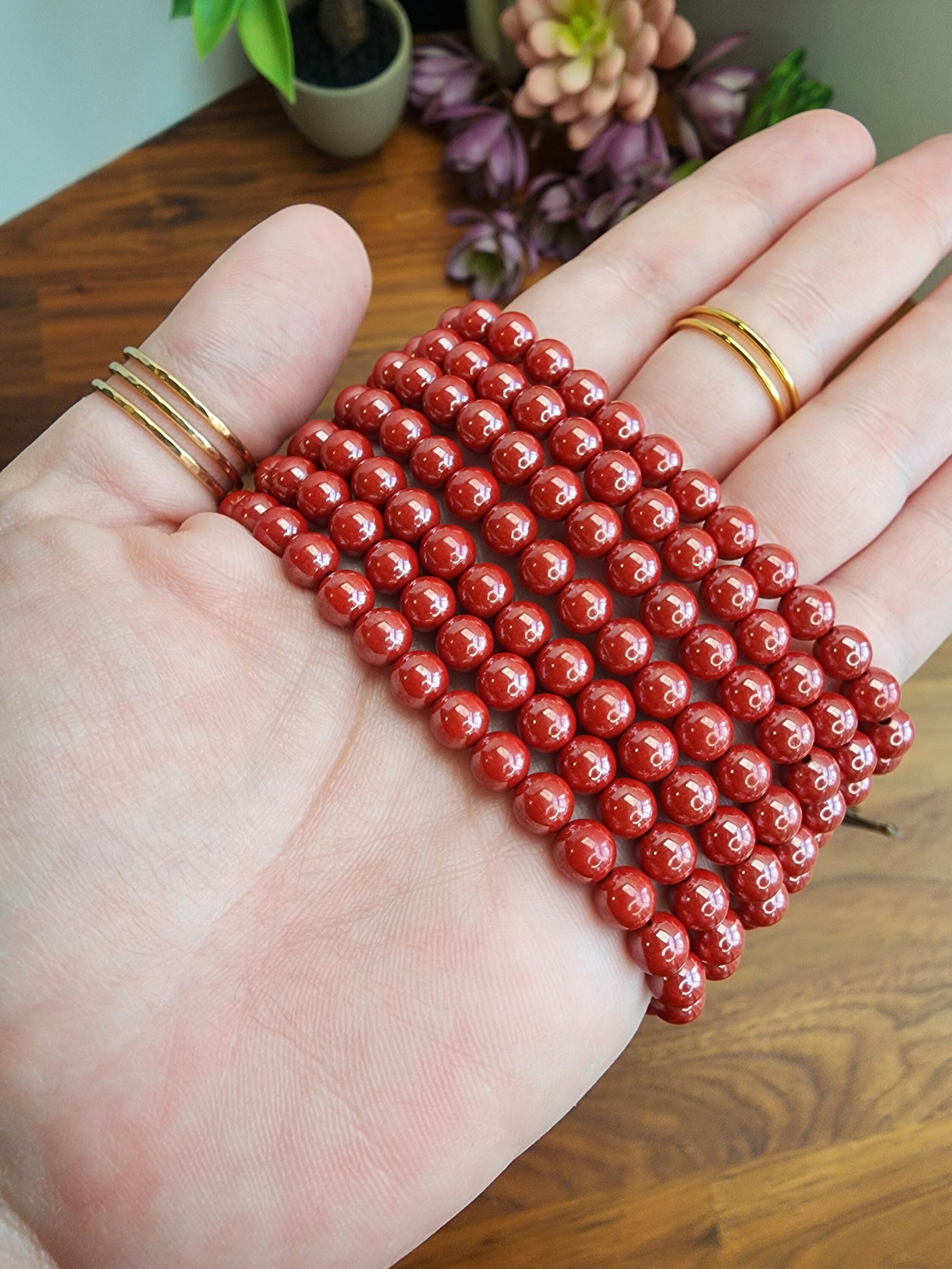 Cinnabar Crystal Bracelet | 6MM | Gorgeous Rosey Red Shimmer | Polished Crimson Beads on Stretchy Elastic Band | Classy Christmas Jewelry