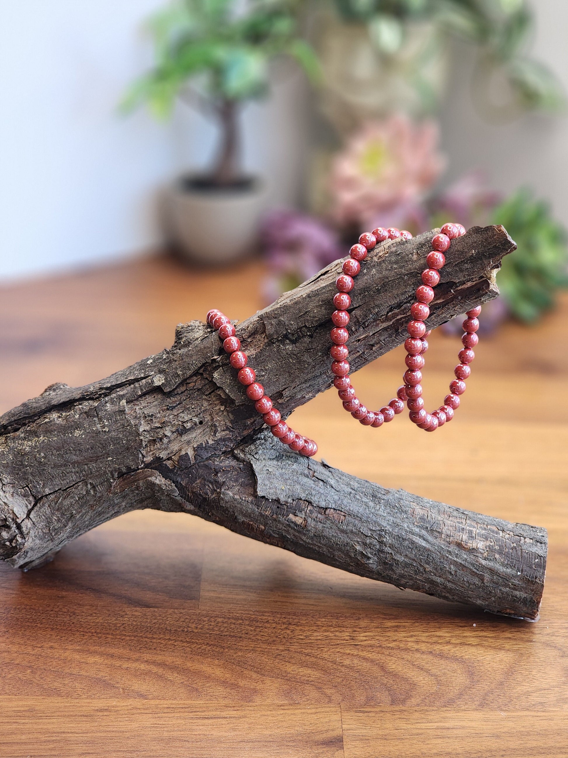 Cinnabar Crystal Bracelet | 6MM | Gorgeous Rosey Red Shimmer | Polished Crimson Beads on Stretchy Elastic Band | Classy Christmas Jewelry