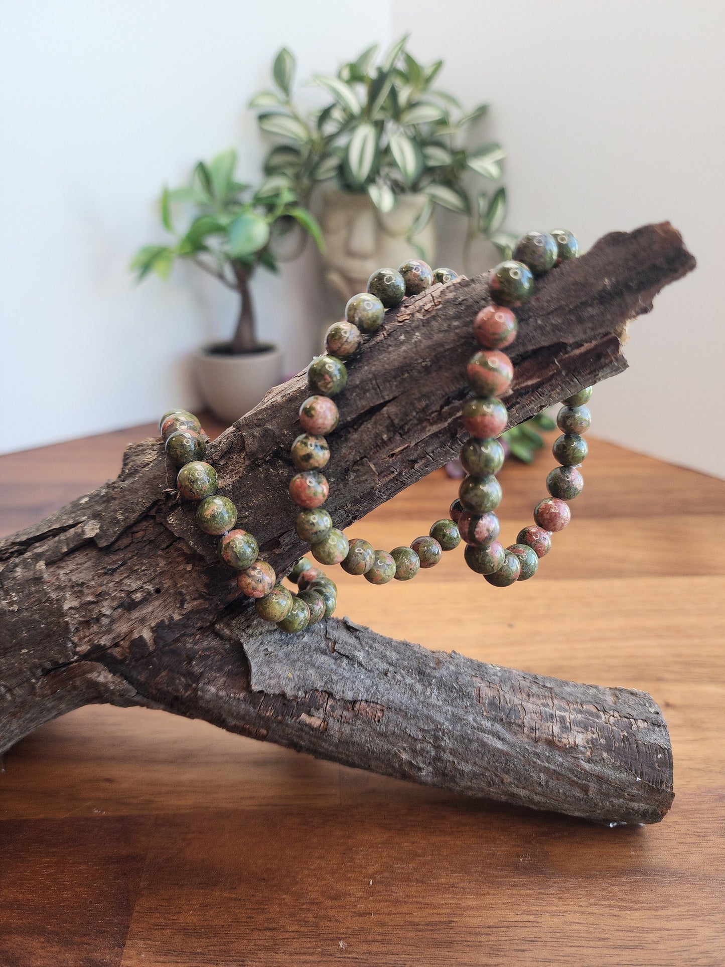 Unakite Crystal Bracelet | 8MM | Natural Green Beads with Orange and Pink | Earthly Granola Girl Jewelry for Nature Lovers | Fall & Autumn