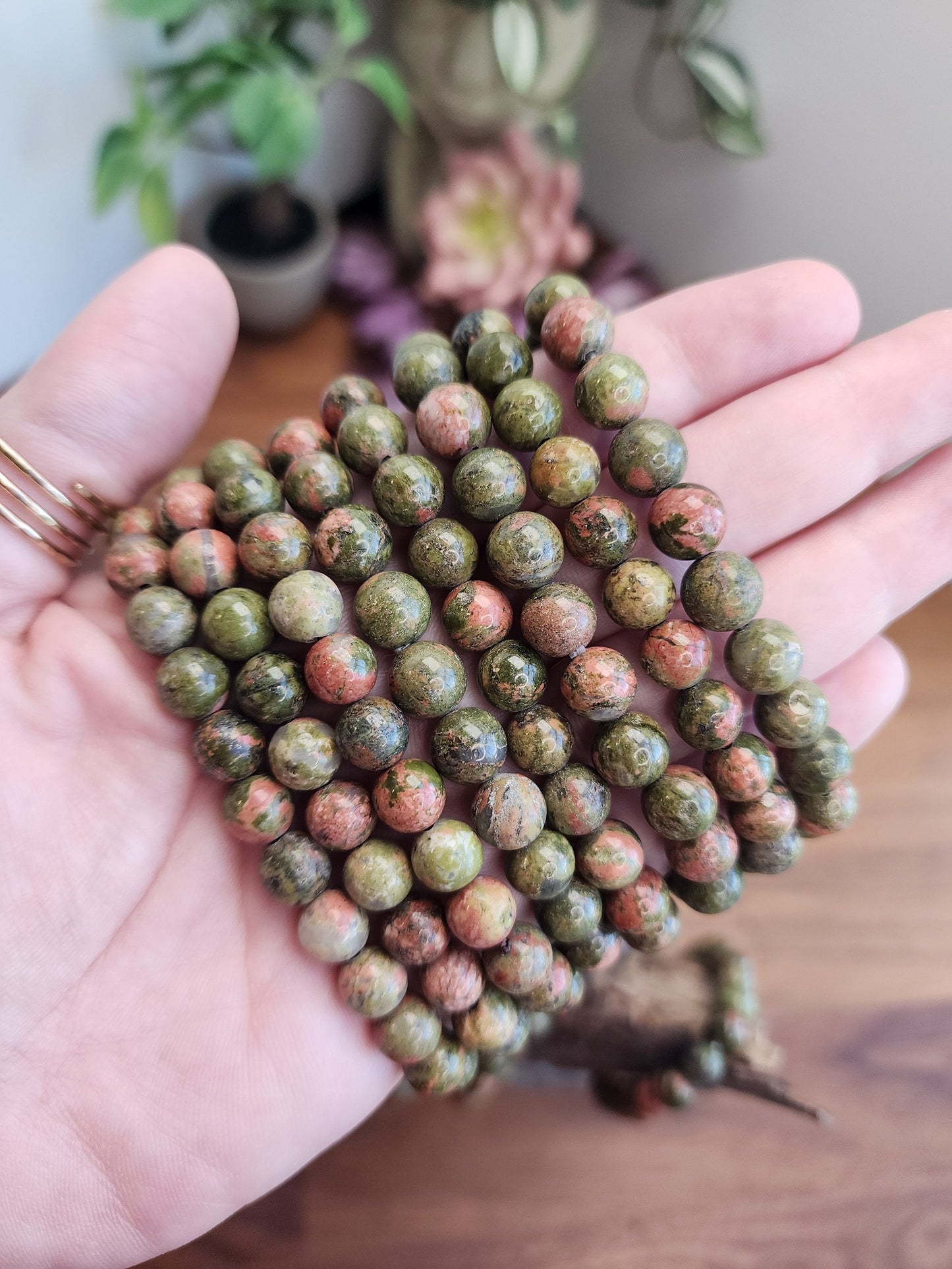 Unakite Crystal Bracelet | 8MM | Natural Green Beads with Orange and Pink | Earthly Granola Girl Jewelry for Nature Lovers | Fall & Autumn