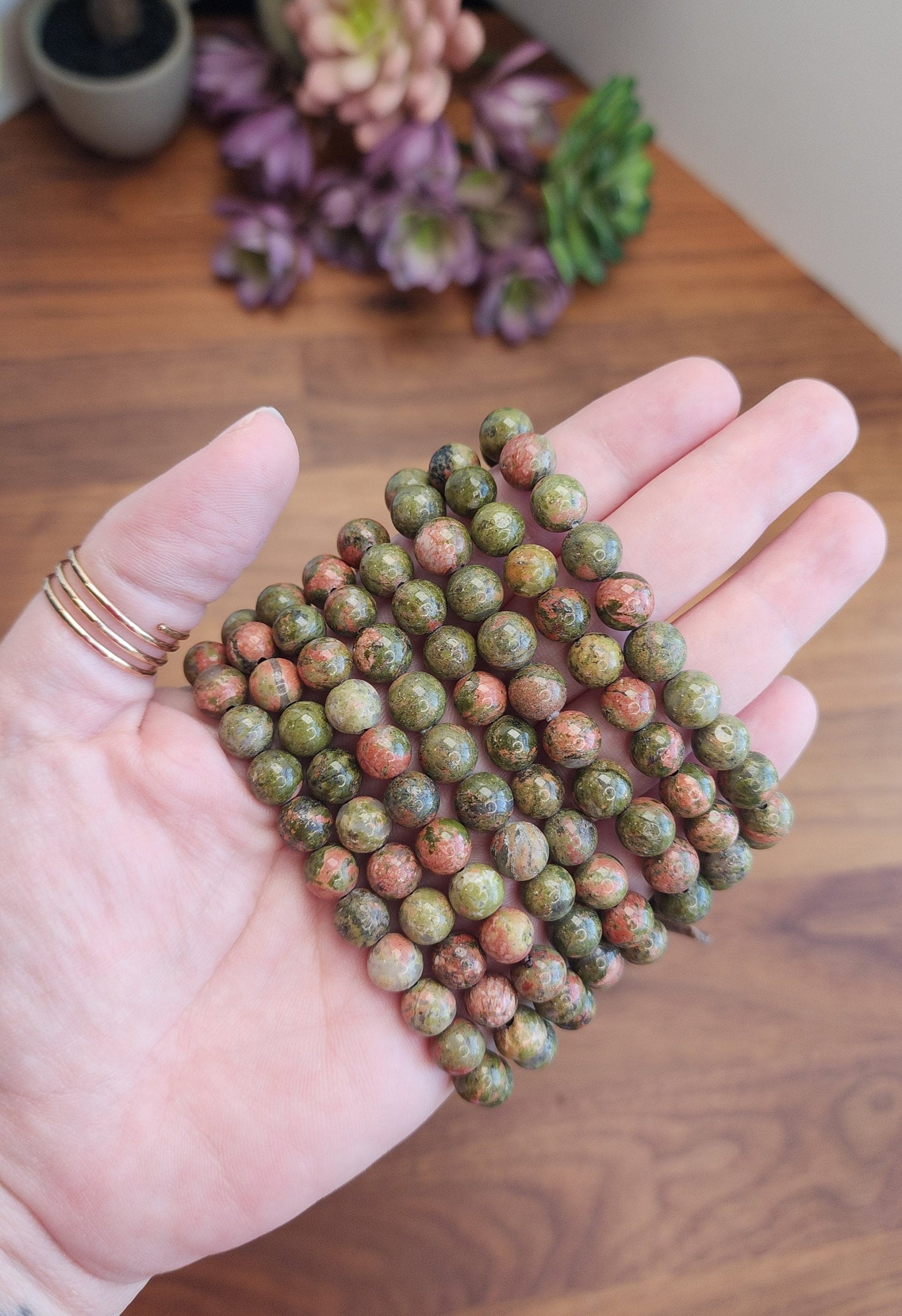 Unakite Crystal Bracelet | 8MM | Natural Green Beads with Orange and Pink | Earthly Granola Girl Jewelry for Nature Lovers | Fall & Autumn