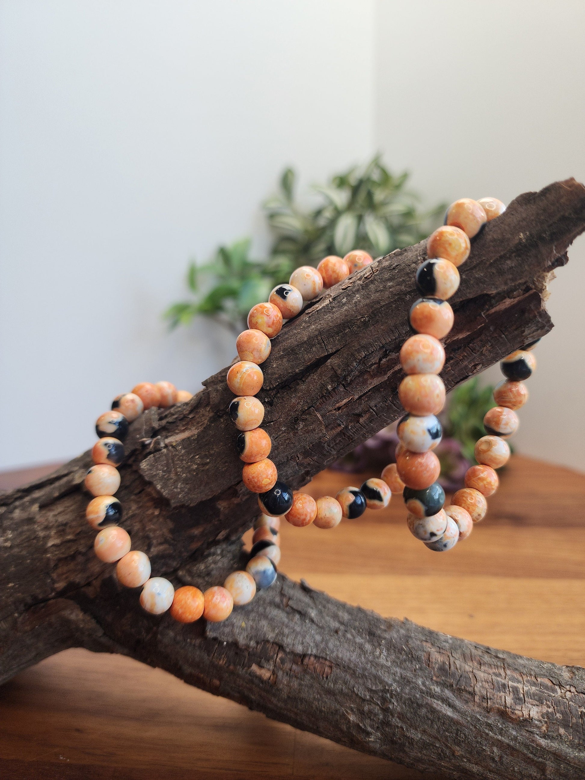 Orange Dream Black Agate Crystal Bracelet | 8MM Agalmatolite Beads | Orange, Black, White | Halloween Jewelry for Spooky Season & Summerween