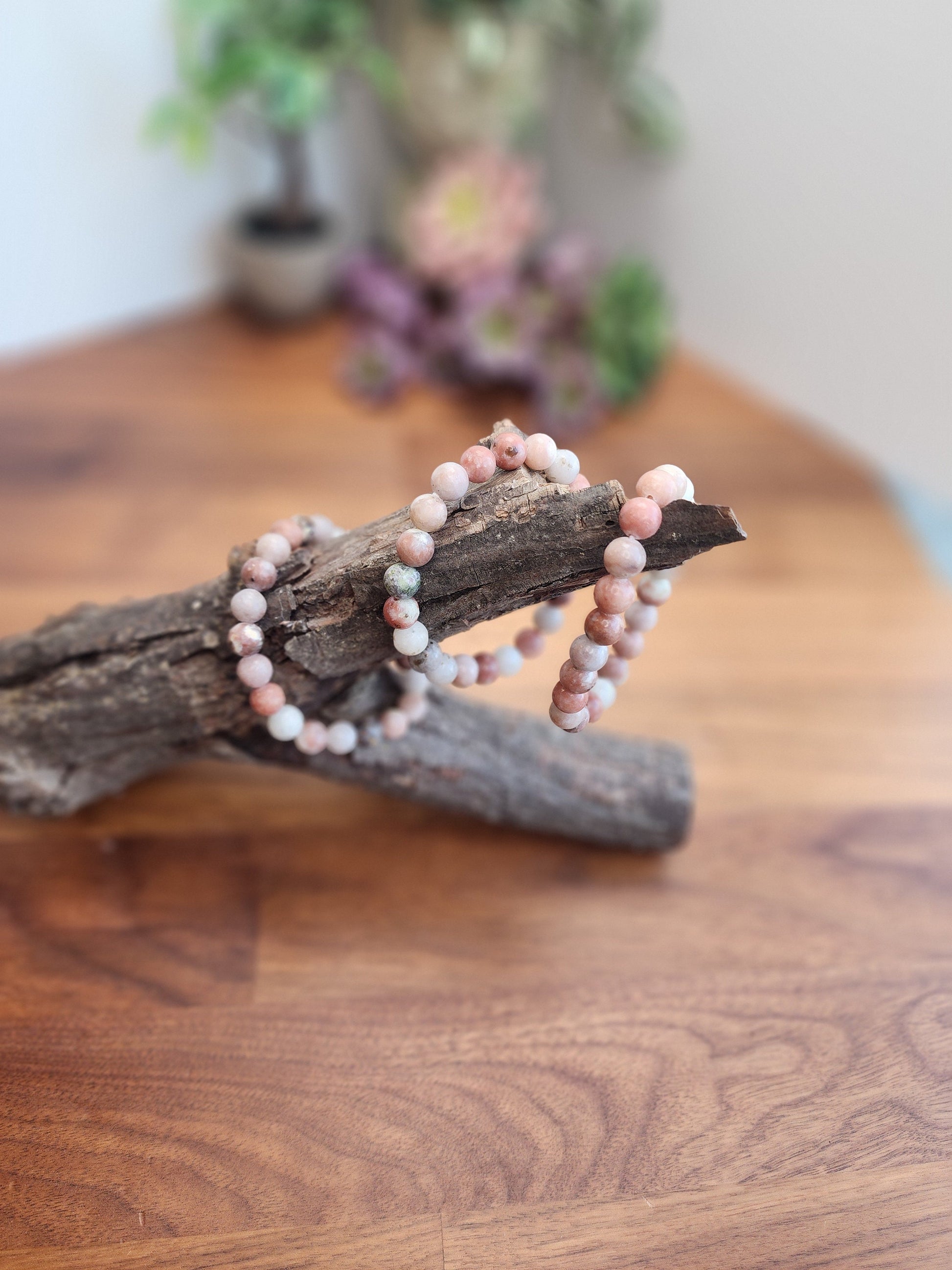 Pink Spicy Jasper Bracelet | 8MM Crystal Beads | Red Plum Jasper | Pink, and White Stone Jewelry with hints of green | Lotus Tourmaline